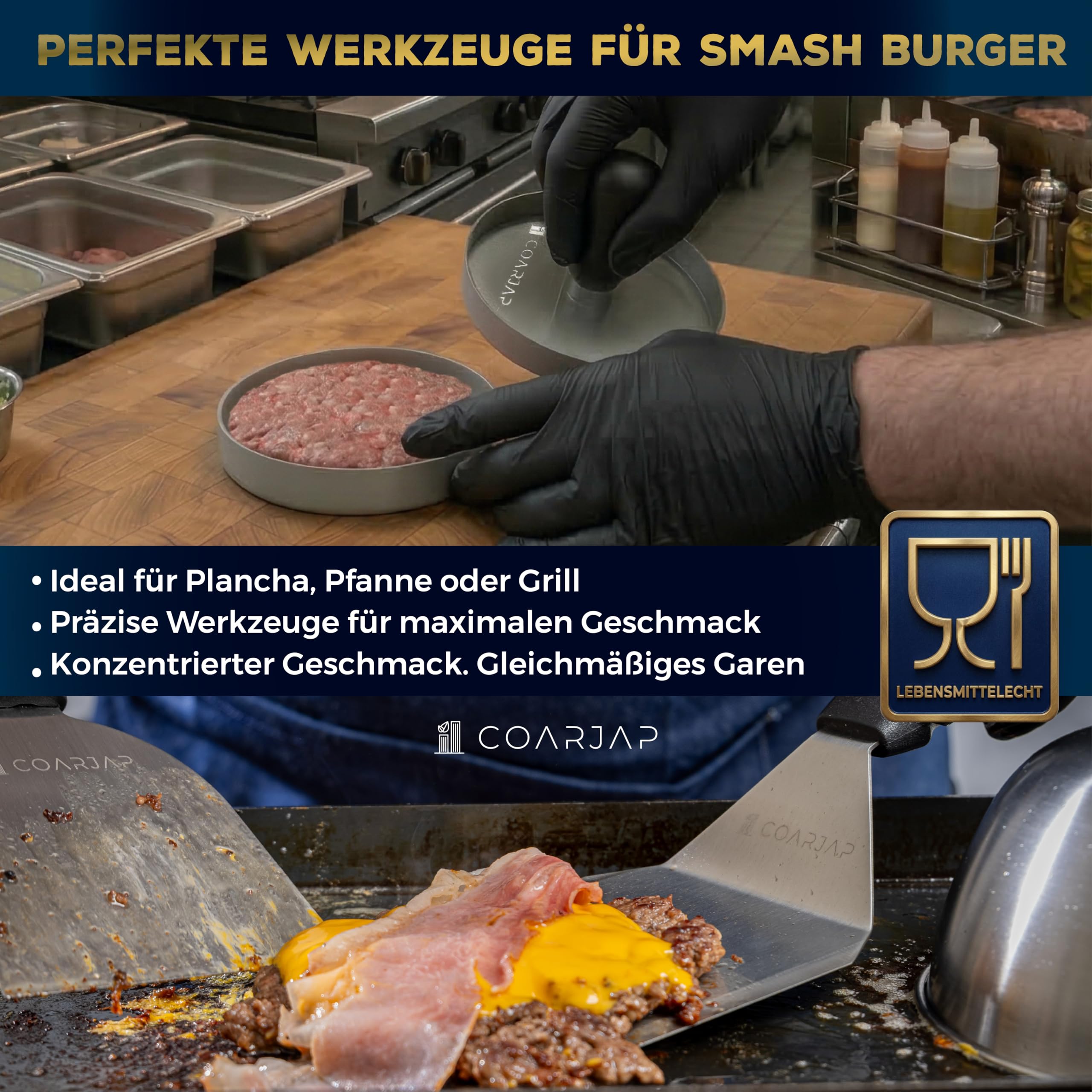Smash Burgerpresse Set Premium - 7-teilig - Burger Smasher Set Grill aus Edelstahl 304-2 Burgerglocken, Grillspachtel Set, Gewürzstreuer + 60 Antihaftpapier - Grill Zubehör Burger