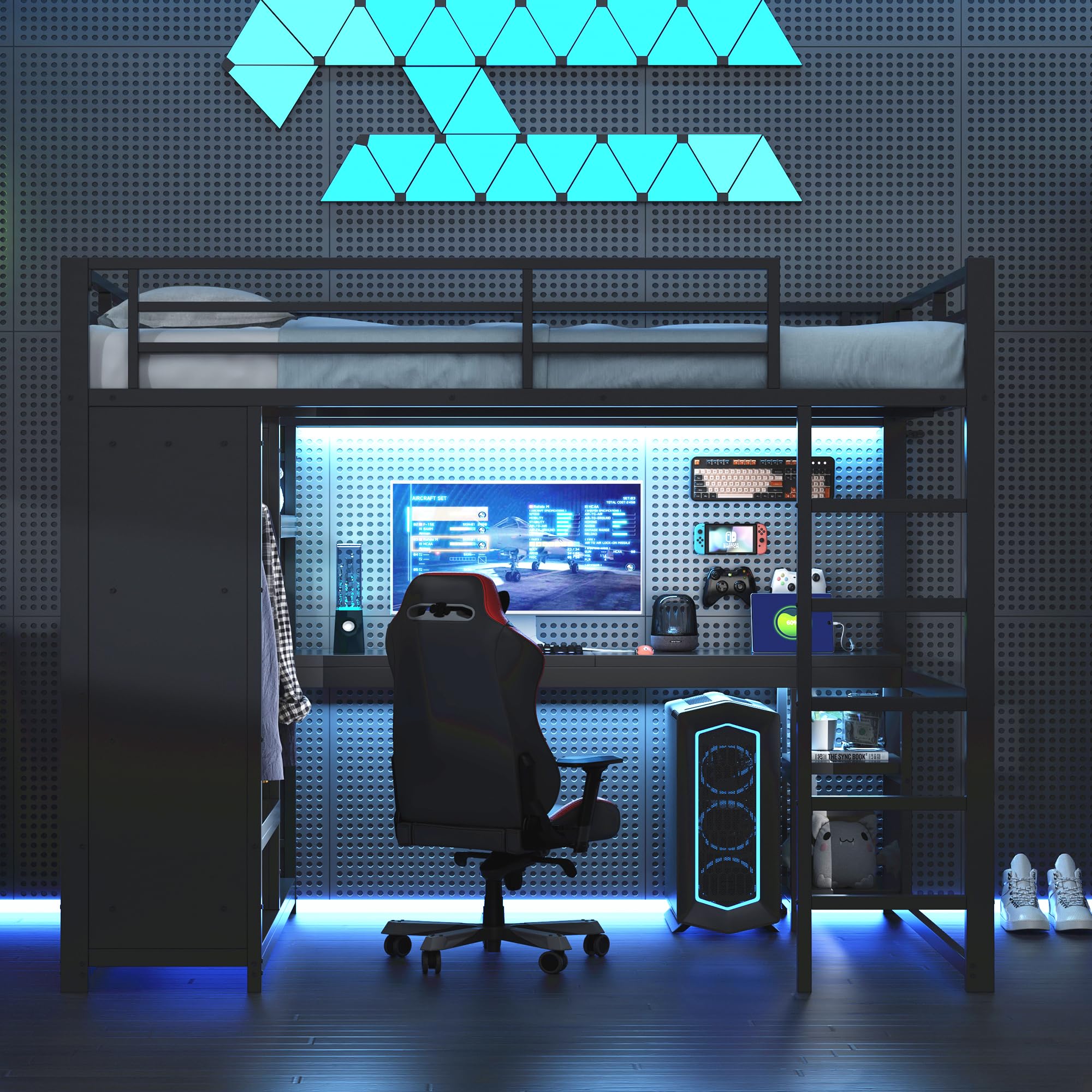 140x200 Cama alta de metal para juegos con LED, escritorio, armario abierto y estantes, Negro (140x200cm)