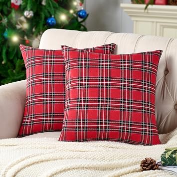 Red Tartan Plaid Christmas Decorative Throw Pillow Covers 16x16, Set of 2