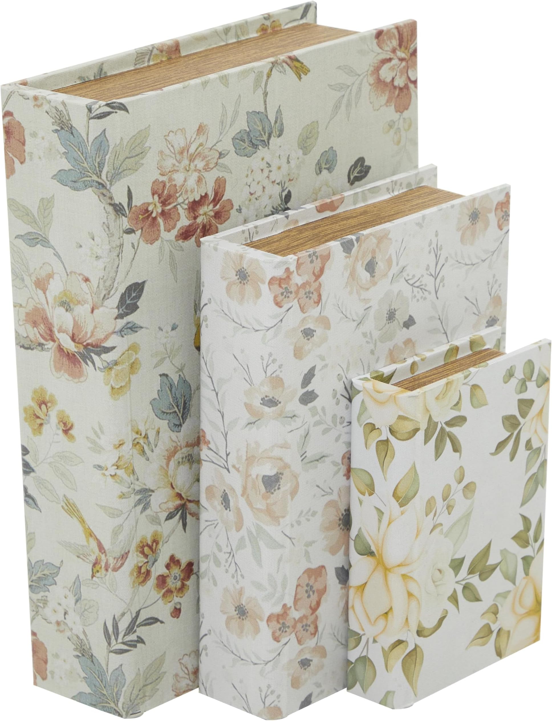 Deco 79 Canvas Decorative Box Faux Storage Book Book Shaped Boxes with Pink and Blue Floral Patterns, Set of 3 Decorative Keepsake Boxes 12", 9", 6"H, White