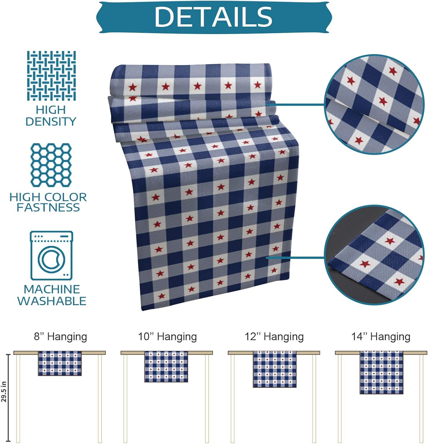 Independence Day Cotton Linen Table Runner Dresser Scarves,Patriotic July 4th Party Blue White and Red Star Check Table Runners for Dinning Table,Farmhouse Kitchen Decor,Holiday Decoration-13x90 Inch