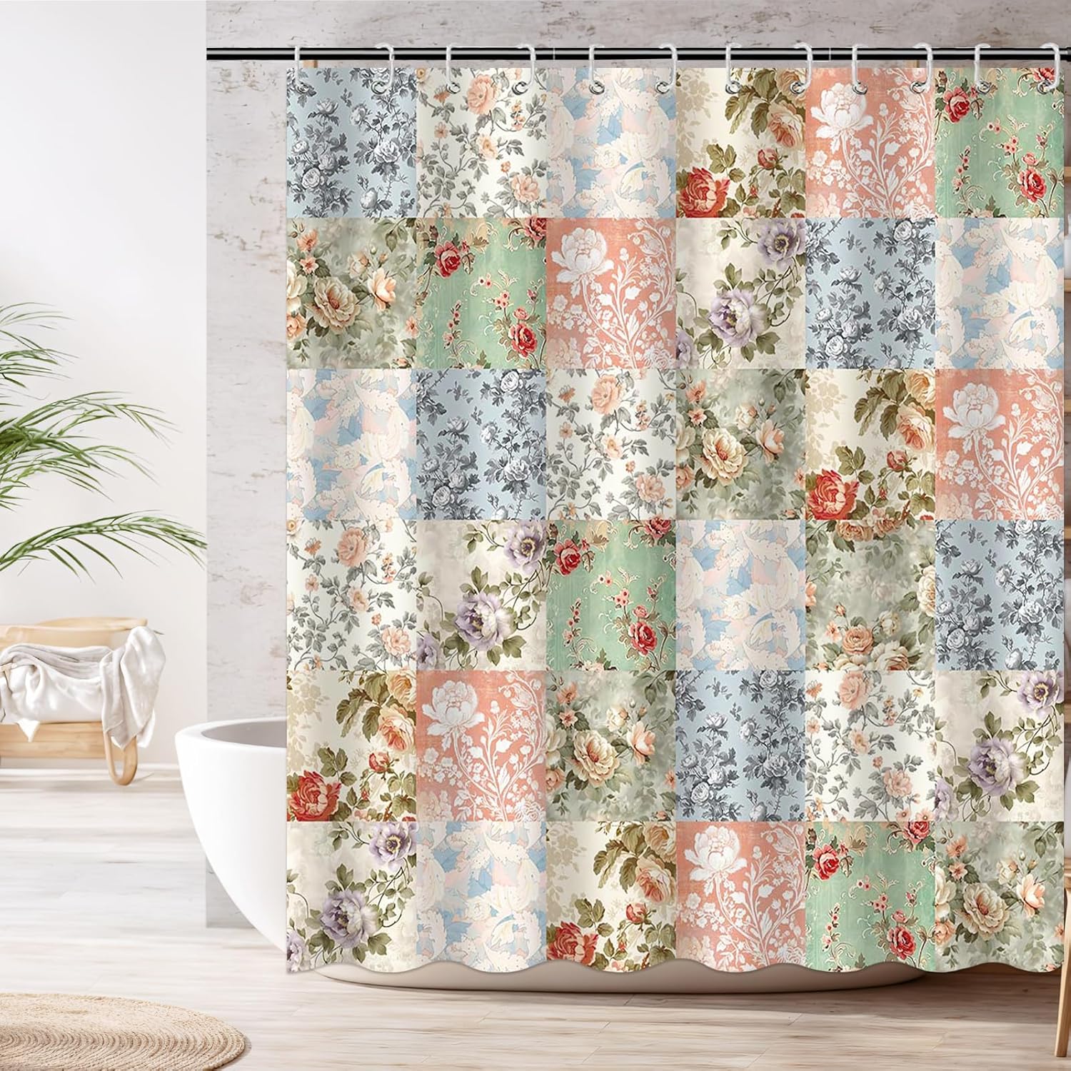 Mocsicka Boho Shower Curtain – Pink Floral Patchwork with 12 Hooks – Mid-Century Flowers Vintage Retro Bath Curtain for Boho Floral Bath Decor – Waterproof Fabric 72 X 72 Inch
