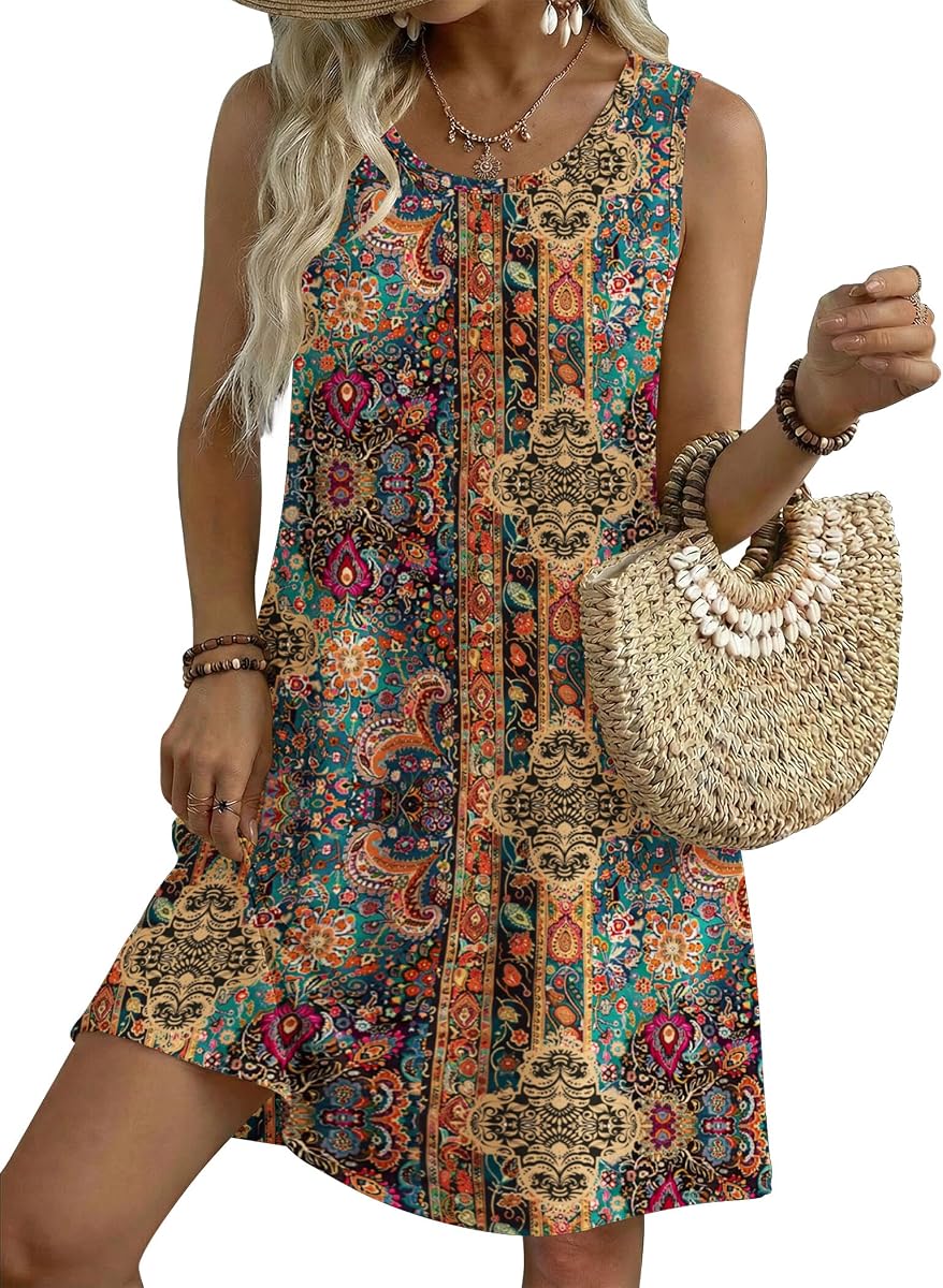 Zeagoo Vestido de verano para mujer 2026 Sin mangas Casual Una línea Camiseta Vestidos de verano | Vestido con bolsillo, estampado floral, cuello redondo, mini vestido Aline Flowy Swing, vestido de camiseta sin mangas suelto, para vocación de playa