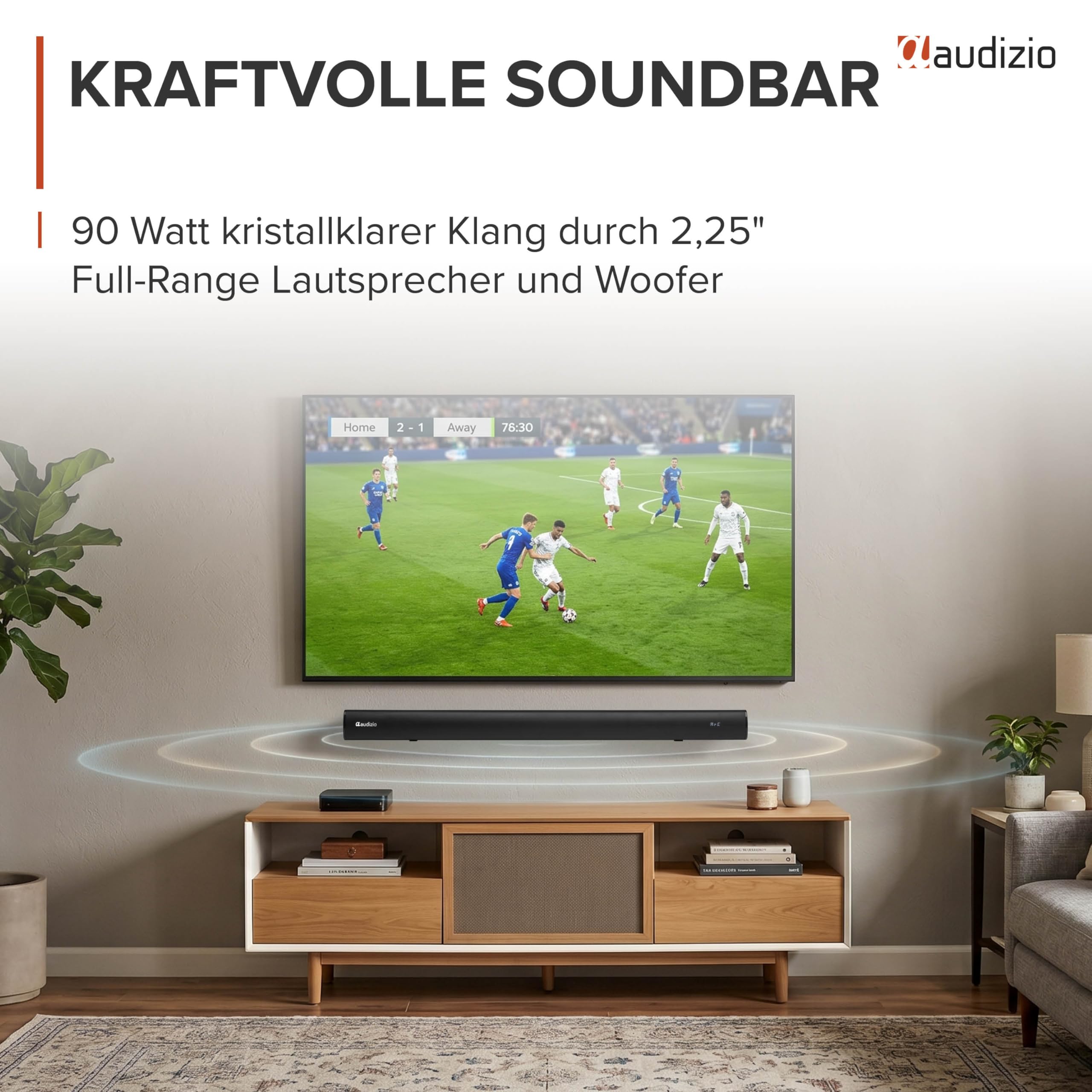 Audizio SB90 TV Soundbar Bluetooth - Heimkino Soundsystem 90W | Bluetooth 5.3 | HDMI ARC | Optisch | 90 cm Soundbar TV Lautsprecher für Fernseher, Fernbedienung, Schwarz
