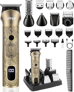 Ufree 7-in-1 Cordless Beard Trimmer for Men - Electric Hair Clipper Kit with Adjustable Dial, Metal Steampunk Design, 150Min Battery, Nose Ear Body Grooming