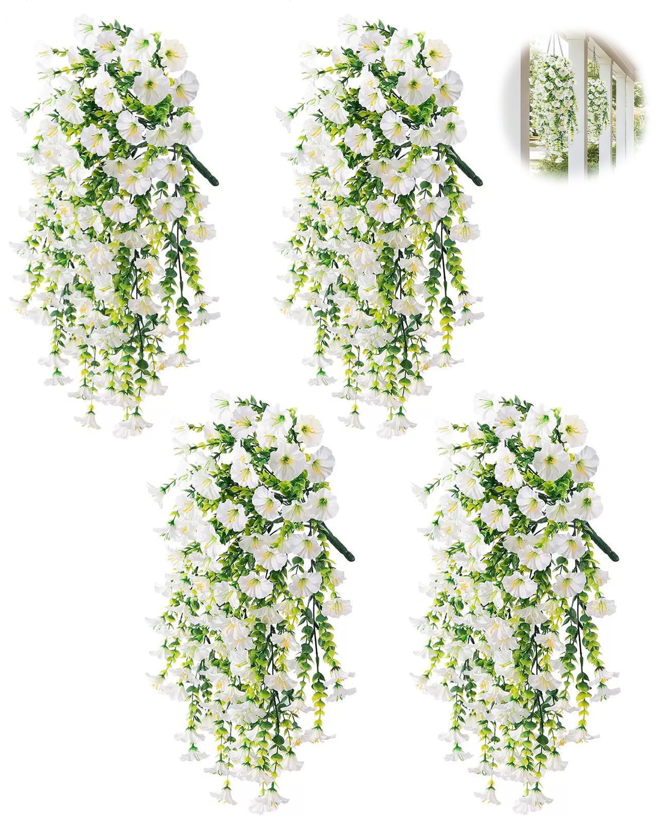 Guttiuaa 4 Pcs Artificial Hanging Flowers Outdoor, 77cm White Artificial Trailing Plants for Indoor Patio Garden Porch Decorations