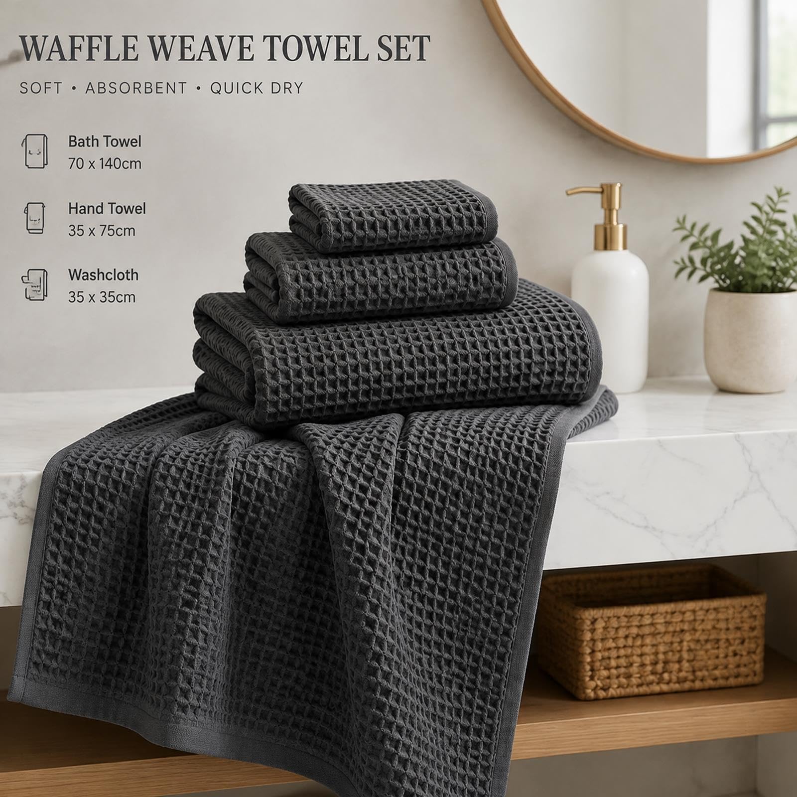 Set Asciugamani Gaufré 3Pz Salvietta Asciugamano Mano Bagno Morbido