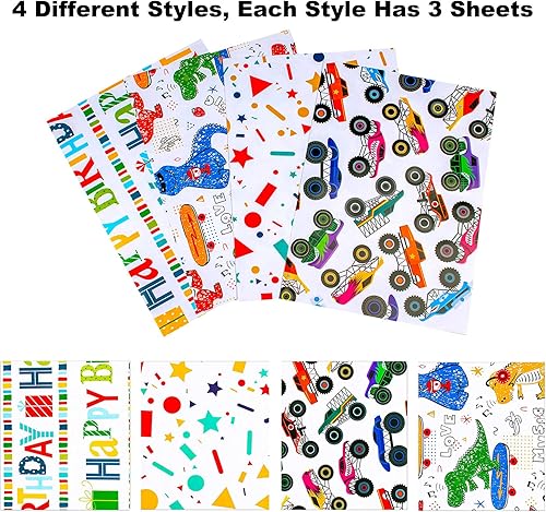 Miniatura 7 de Papel de regalo de cumpleaños de dibujos animados para niños, papel de regalo de cumpleaños para niños, 12 hojas de papel plano plegado, 19.7 x 27.6