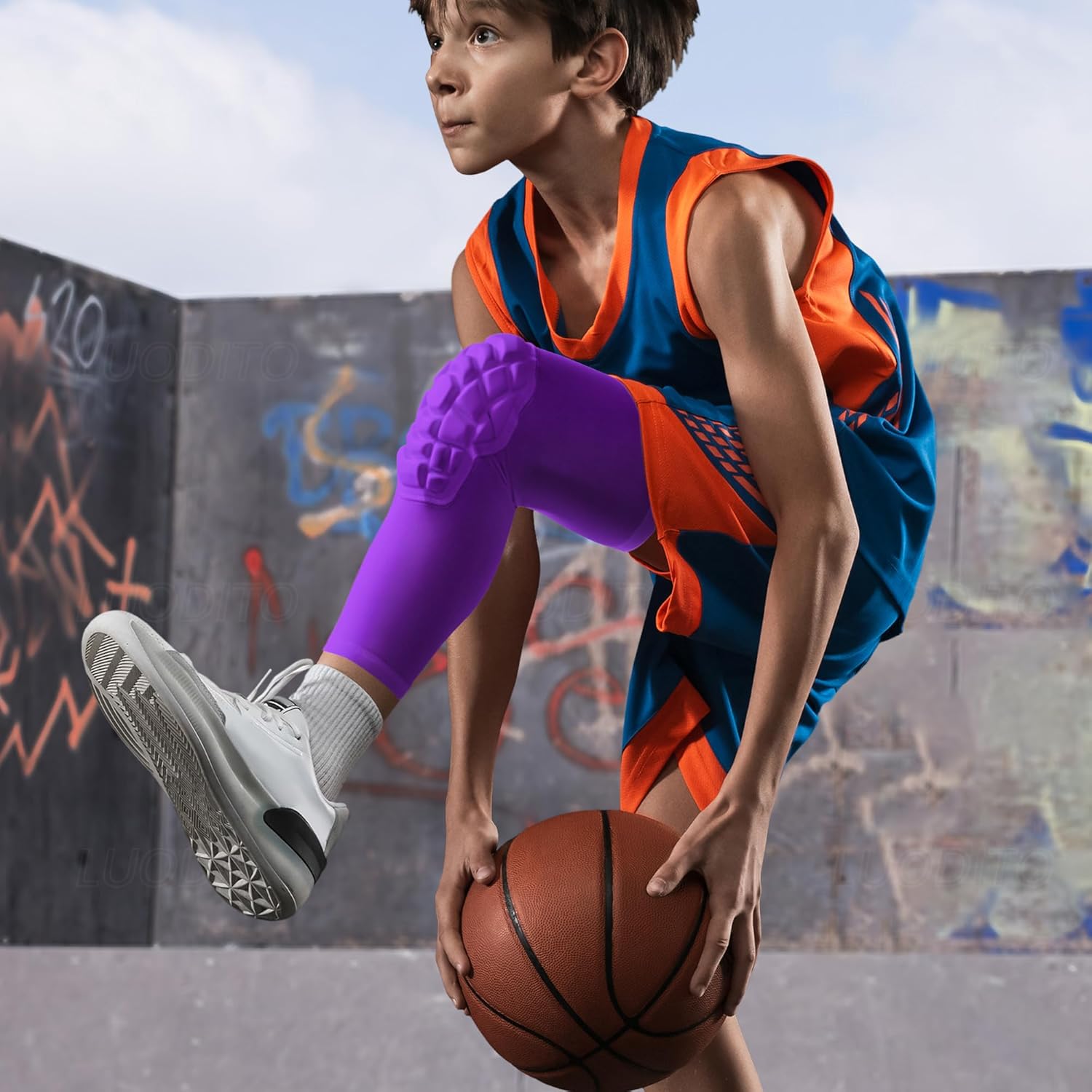 Knee Pads Compression Leg Sleeve Wrestling Volleyball Football Knee Pads, Knee Compression Sleeve for Youth Adult, 1 pair of Knee Sleeves ((#1) Purple-2pcs,Large) - Image 3