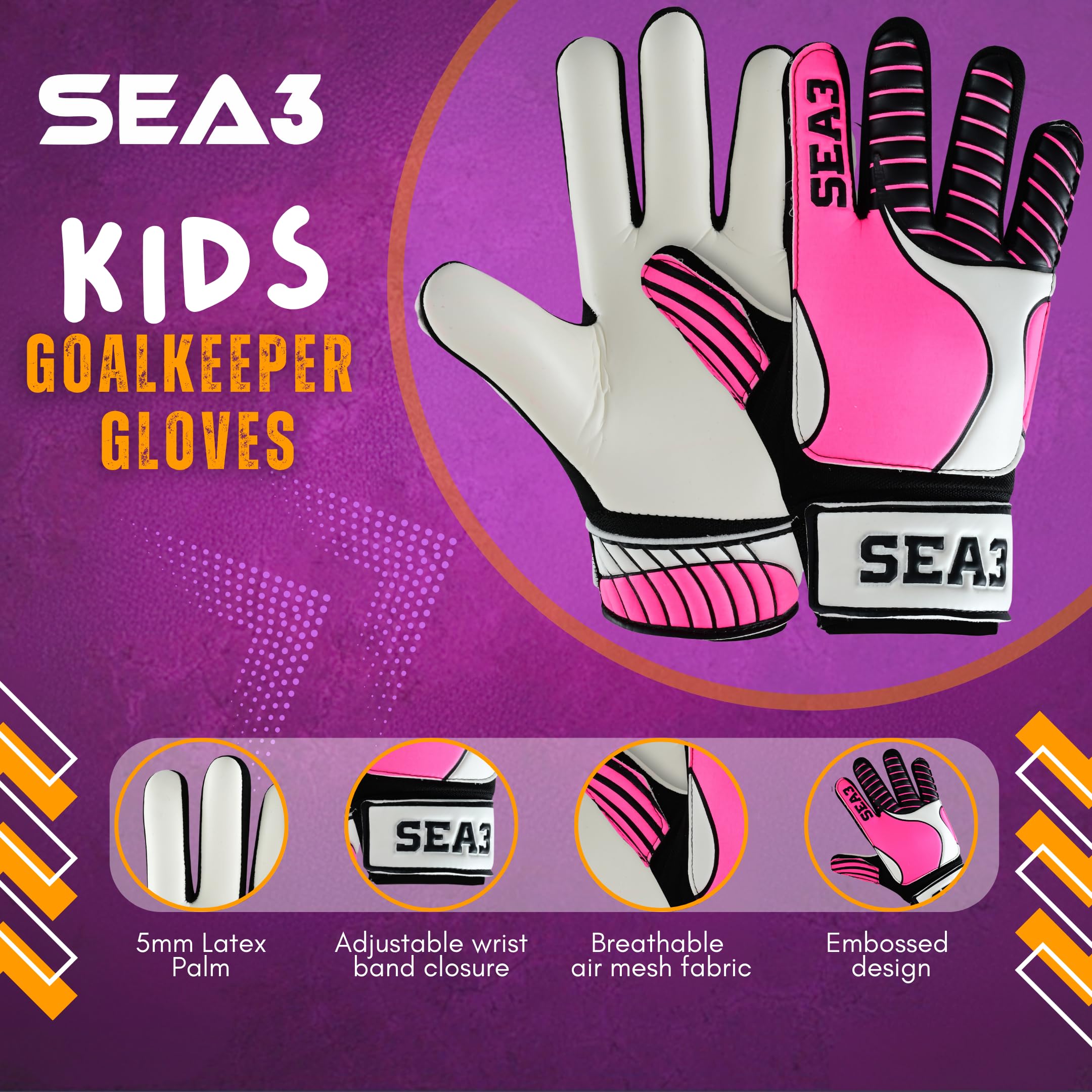 SEA3 Unisex Kids Boys Children's Junior Football Goalkeeper Sports Soccer Training Goalie Gloves, Pink - Size 2: Age 4 to 5 Years - Image 2
