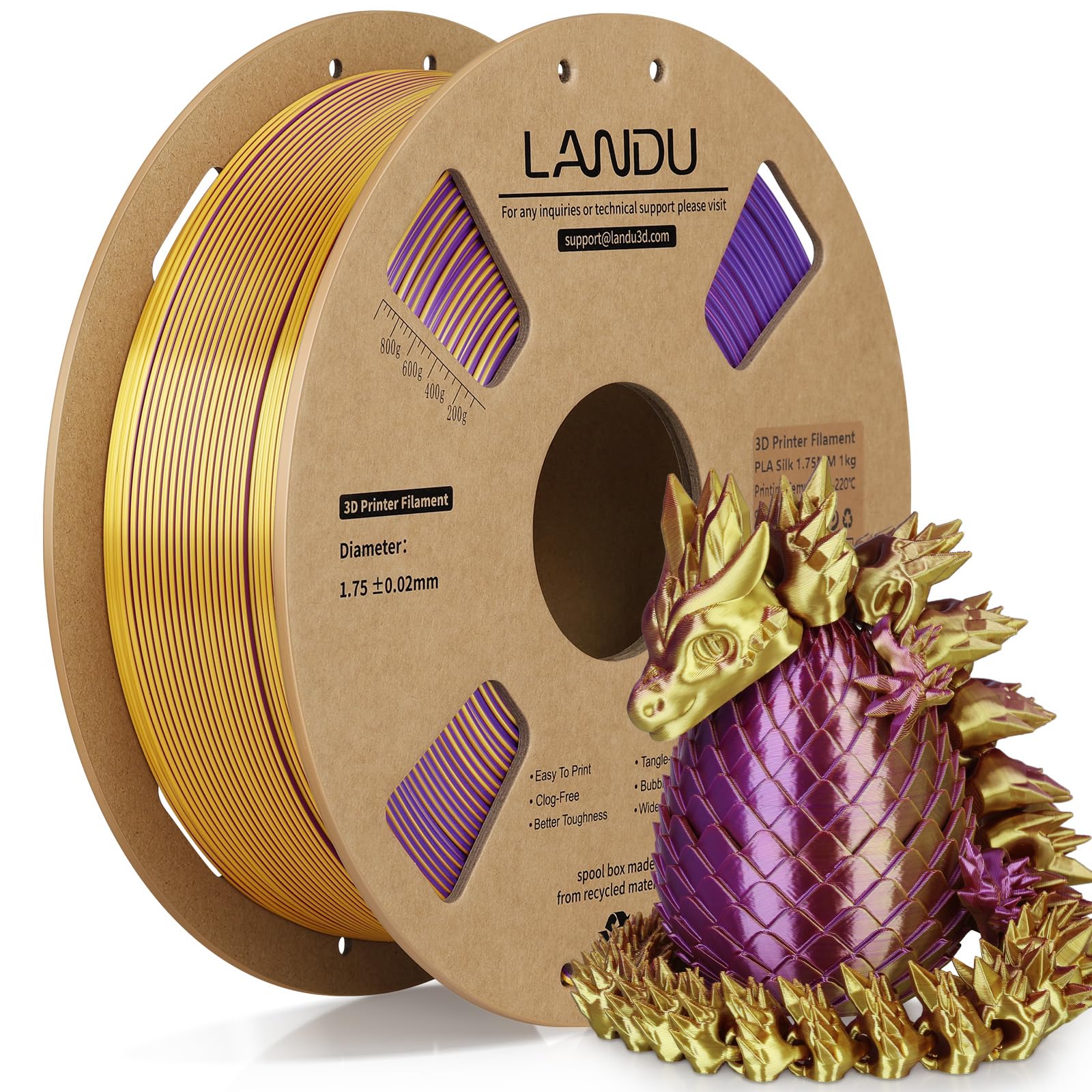 LANDU Silk Dual Color PLA Filament 1.75mm 1KG, 3D Printer Filament Dimensional Accuracy +/- 0.02mm, Coextrusion Filament PLA Shiny Filament Fits for Most FFF 3D Printers,1KG Spool,Gold Purple