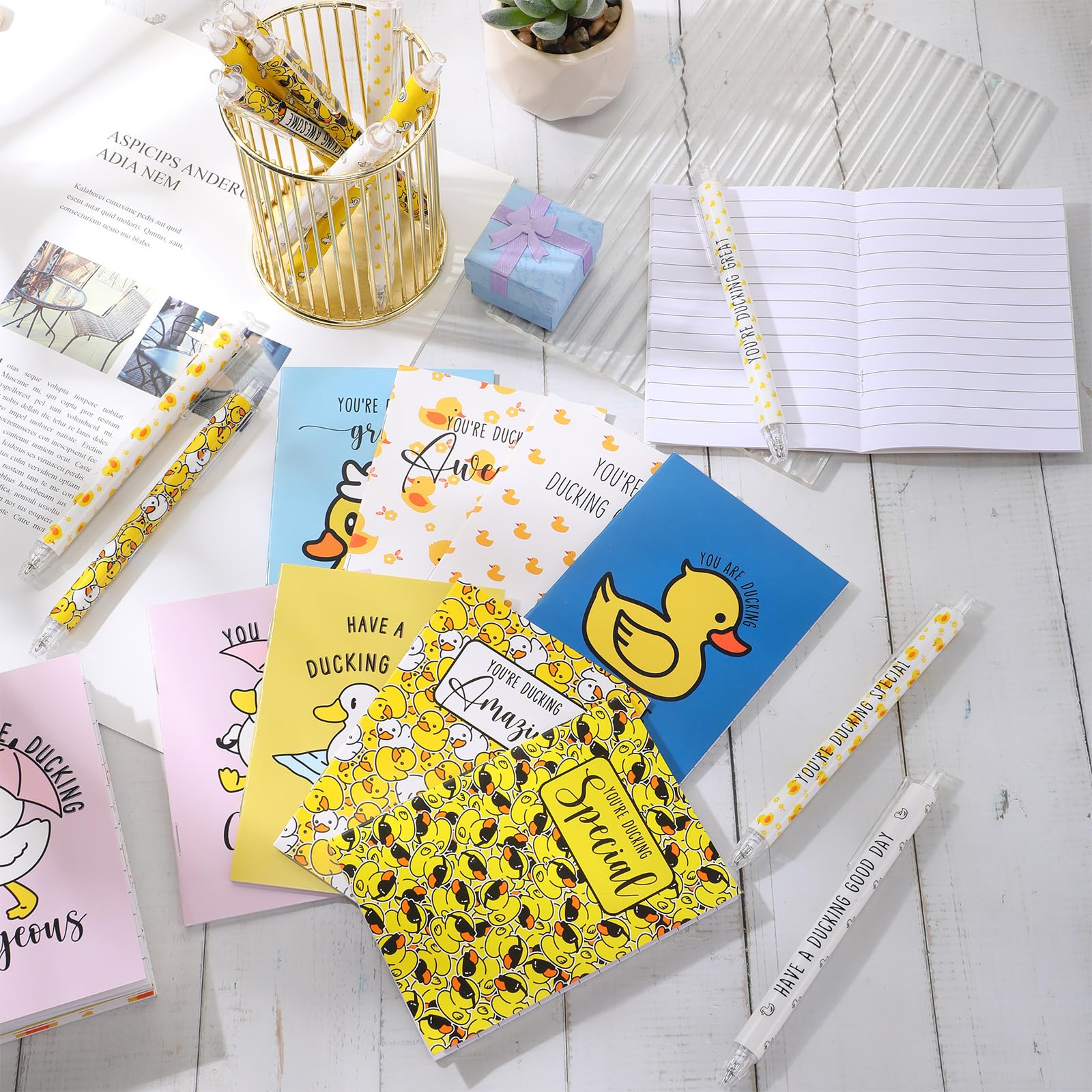 Kosiz 48-teiliges Set mit inspirierenden Enten-Geschenken, Entenstifte, Notizbuch-Set, gelbe Ente für Mitarbeiter, Wertschätzungsgeschenke, Mini-Tagebücher, motivierende Entenmotive,
