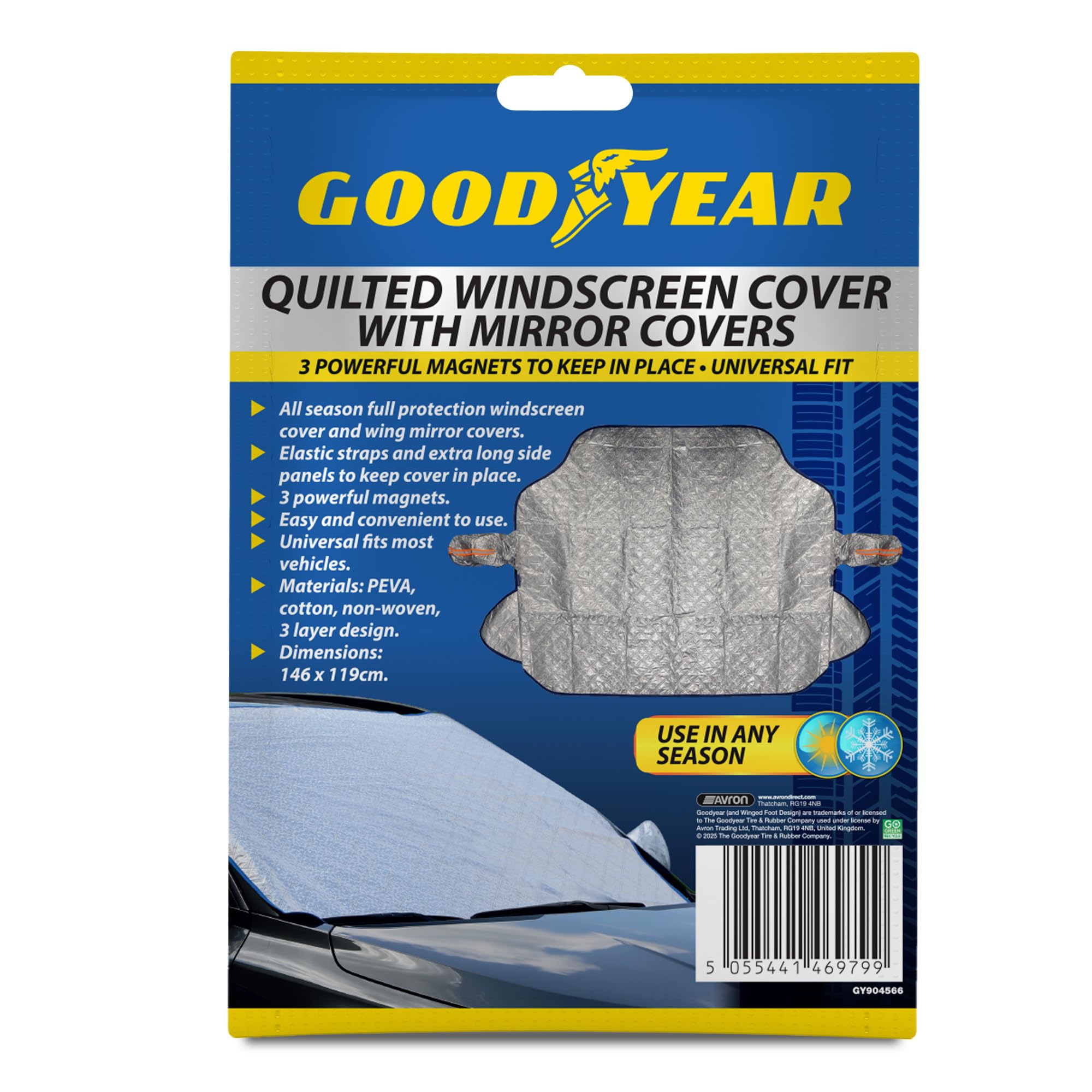 Goodyear Quilted Windscreen Cover with Mirror Covers – 3 Magnets, All-Season Protection, Universal Fit, Elastic Straps & Long Side Panels – 146x119cm