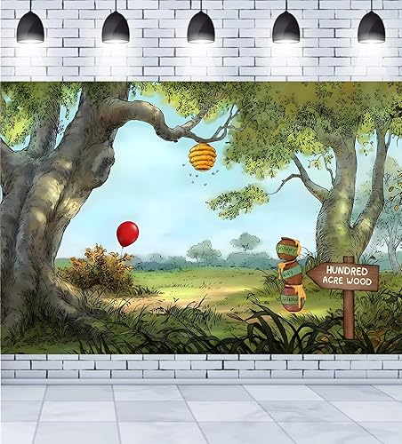 Telón de fondo de cumpleaños con diseño de oso de cien acres, globo rojo, decoración de fondo de fiesta de primer año, 7 x 5 pies