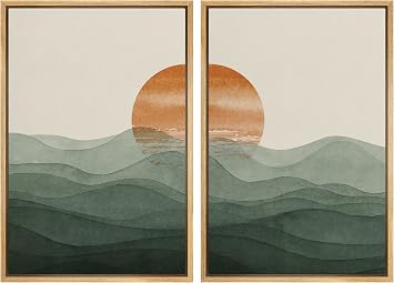 Ashbrook Framed Wall Art Print Set Rising Sun Over Green Gradient Mountain Range Valley Nature Wilderness Illustrations Modern Relax/Calm for Living Room, Bedroom, Office - 16"x24"x2 Natural