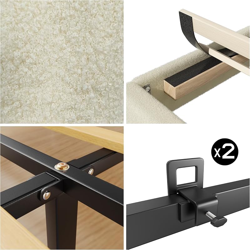 Full Bed Frame, Boucle Upholstered Platform Bed with Iron & Wood, Beige image 6