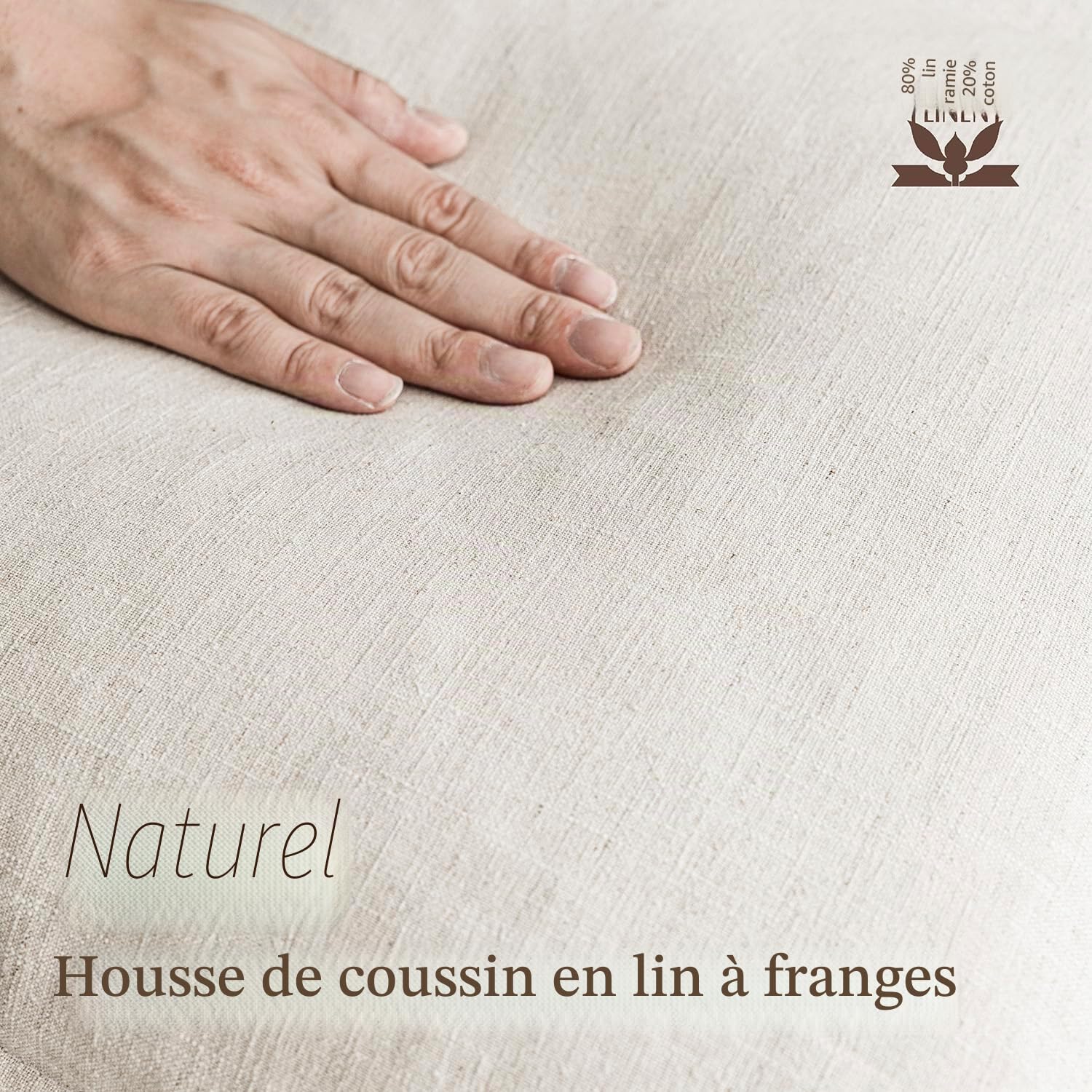 Foindtower Ensemble de 2 housses de coussin décoratives à franges en lin de style bohème et rustique avec pampilles pour canapé, sofa, lit, salon, décoration d'intérieur, 60 x 60 cm, beige