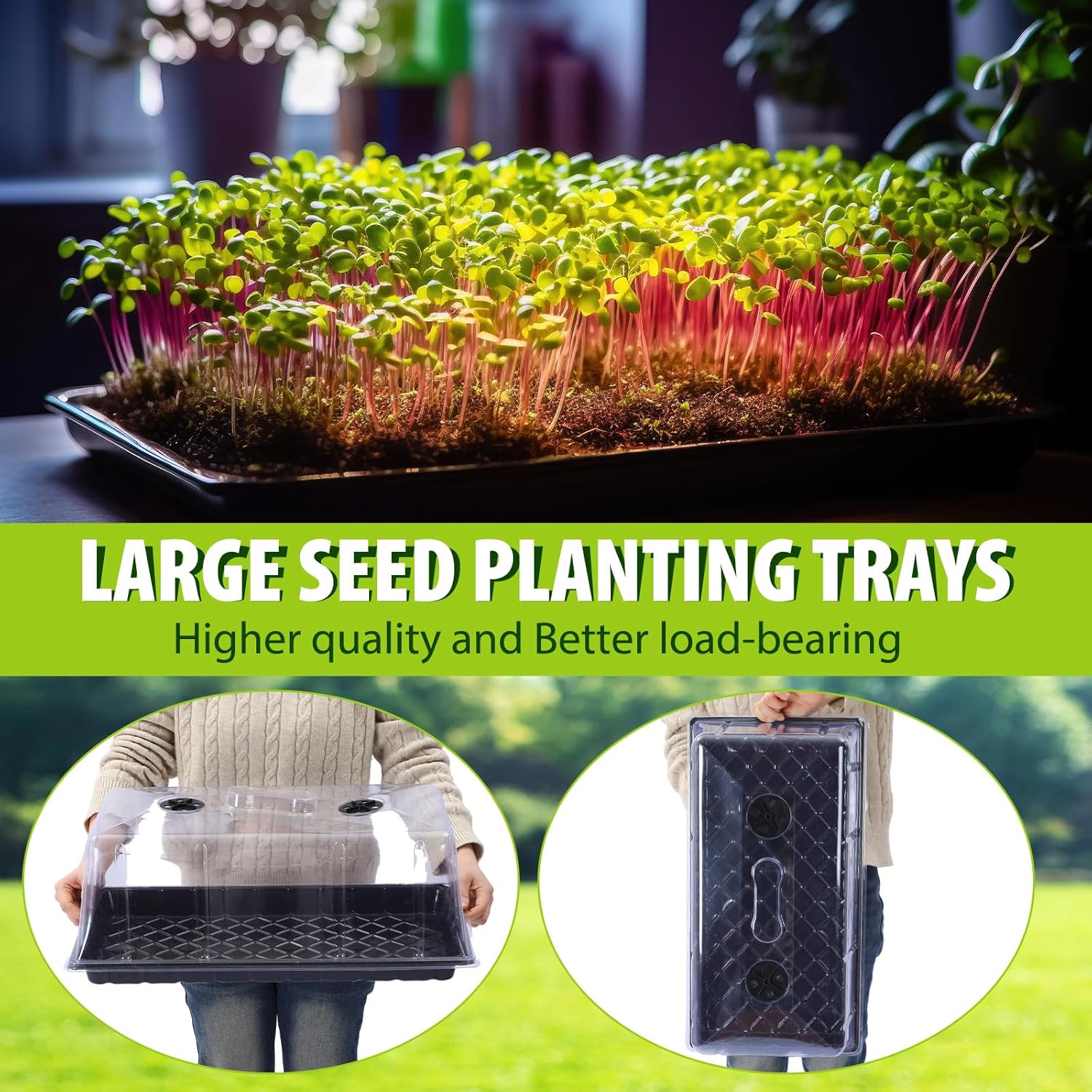 Vesici 10 Pack 1020 Plant Trays with Tall 7.87'' Humidity Domes Bulk Large Seed Tray with Handles 1020 Seed Starting Tray with Lid No Hole for Balcony Garden Seedling Planting Growing Seedling Starter