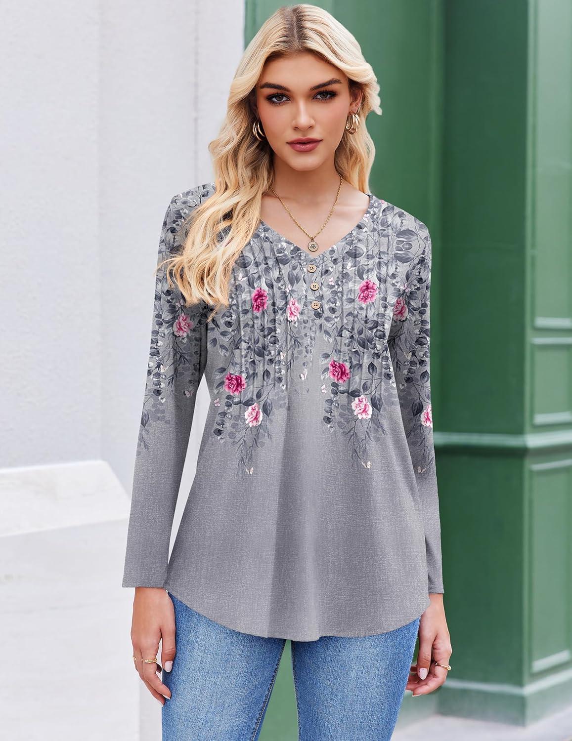 Zeagoo Womens Long Sleeve Tops V-Neck Loose Fit Shirts Pleated Print T-Shirts Dressy Casual 2026 Tunics - Image 3