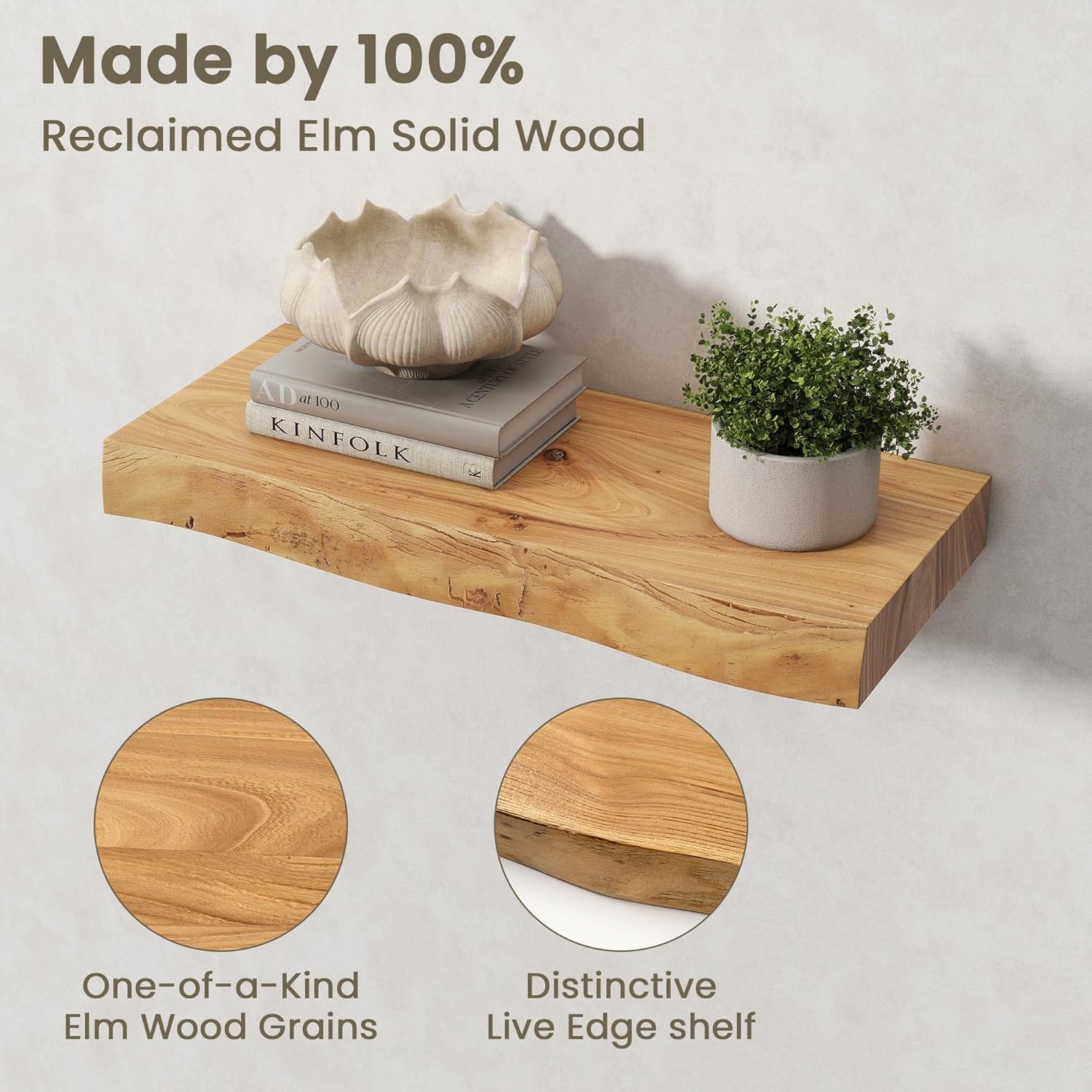 Fun Memories Floating Shelves for Wall Decor Set of 2-20 Inch Solid Elm Wood Live Edge - Rustic Natural Wall Shelves with Invisible Brackets - for Living Room, Bedroom, Kitchen - Natural Finish