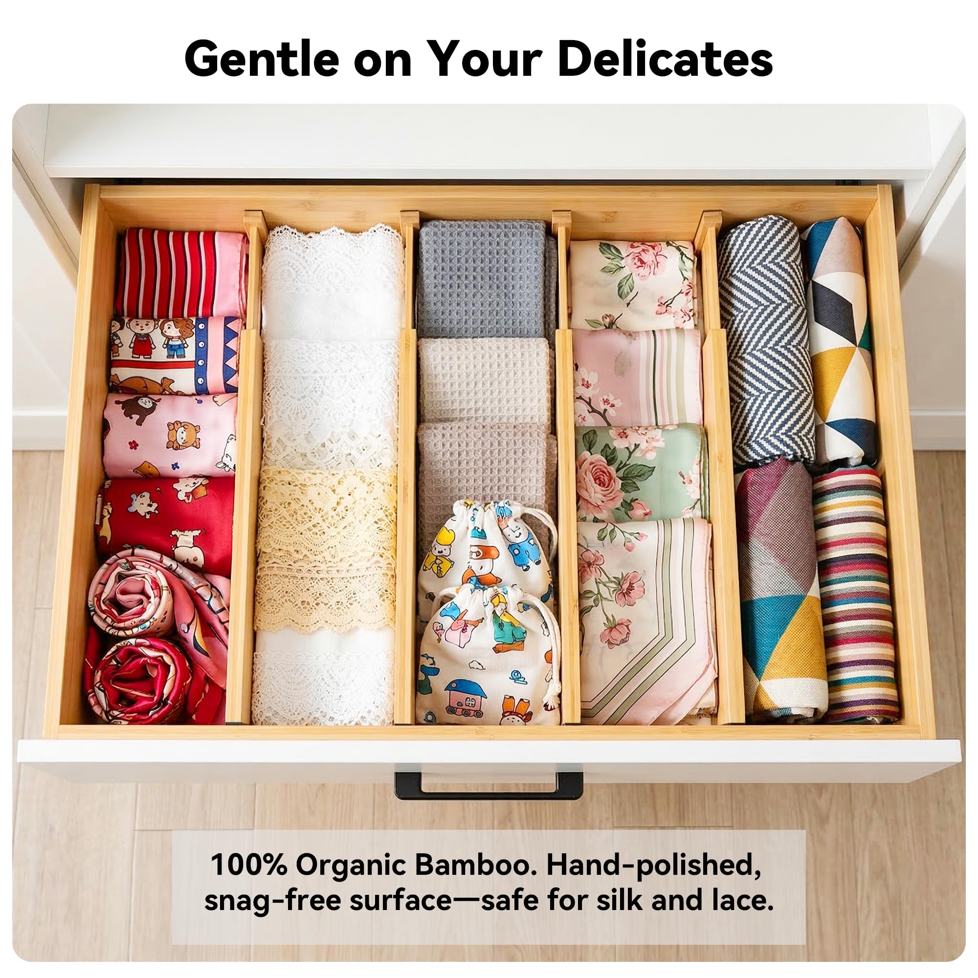 Confezione da 4 divisori profondi per cassetti, organizer espandibili per cassetti in bambù alti 15,2 cm, separatori di tensione regolabili da 43,2 a 55,9 cm, grandi divisori per cassetti per
