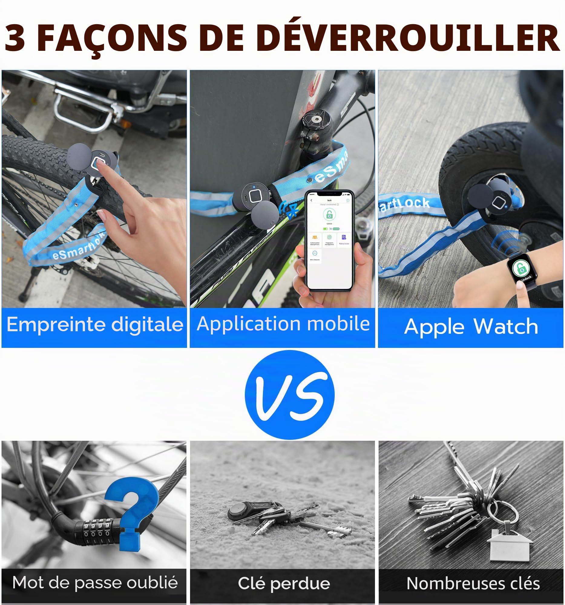 Antivol de vélo étanche sans clé eLinkSmart 100 cm pour vélo, scooter, moto, porte, clôture, portail, empreintes digitales, application Bluetooth, très résistant, bleu 2024
