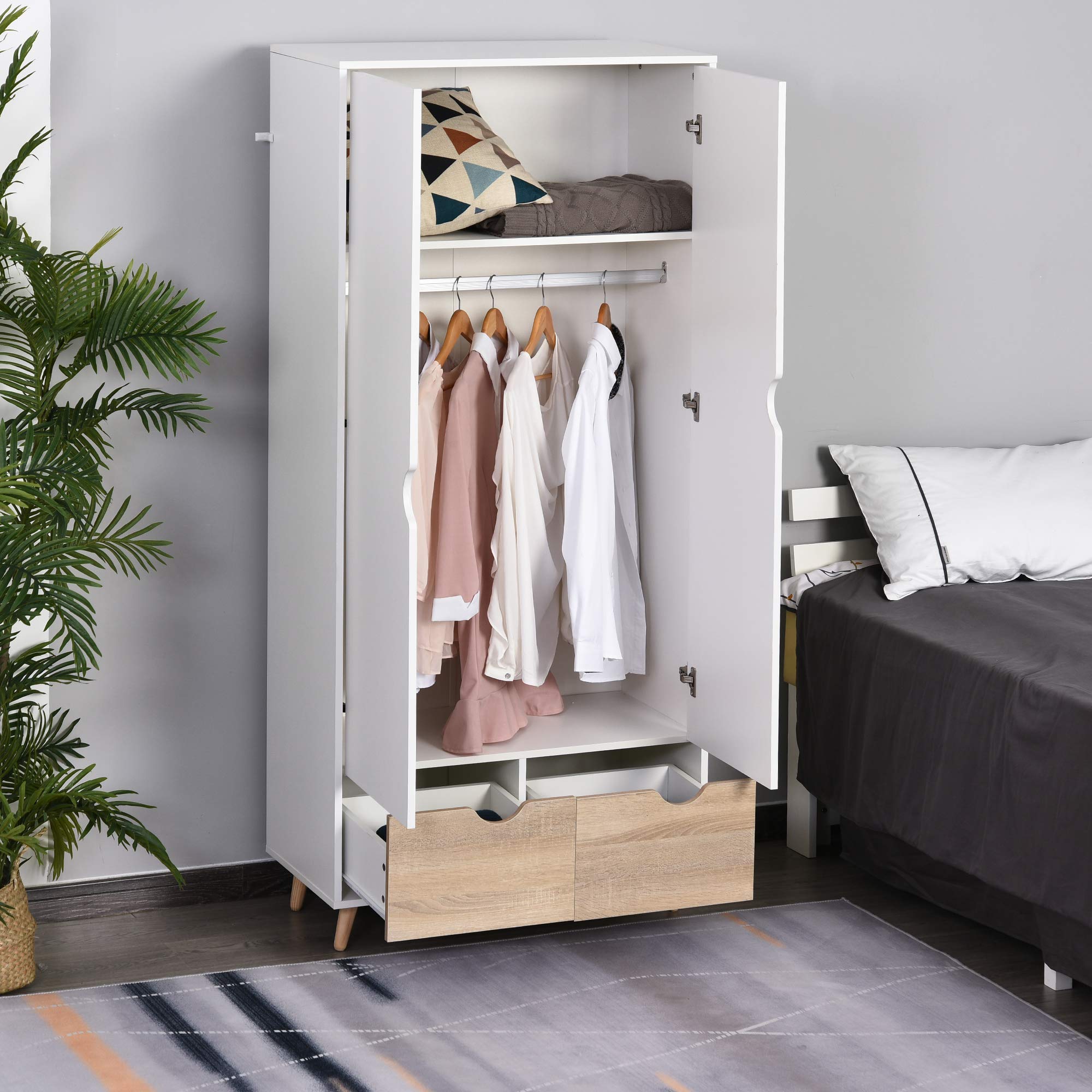 HOMCOM Armadio Guardaroba a Due Ante in Legno con Maniglie Intagliate, Armadio Camera da Letto con Ripiano, Appendiabiti e 2 Cassetti, 80x40x180cm, Bianco