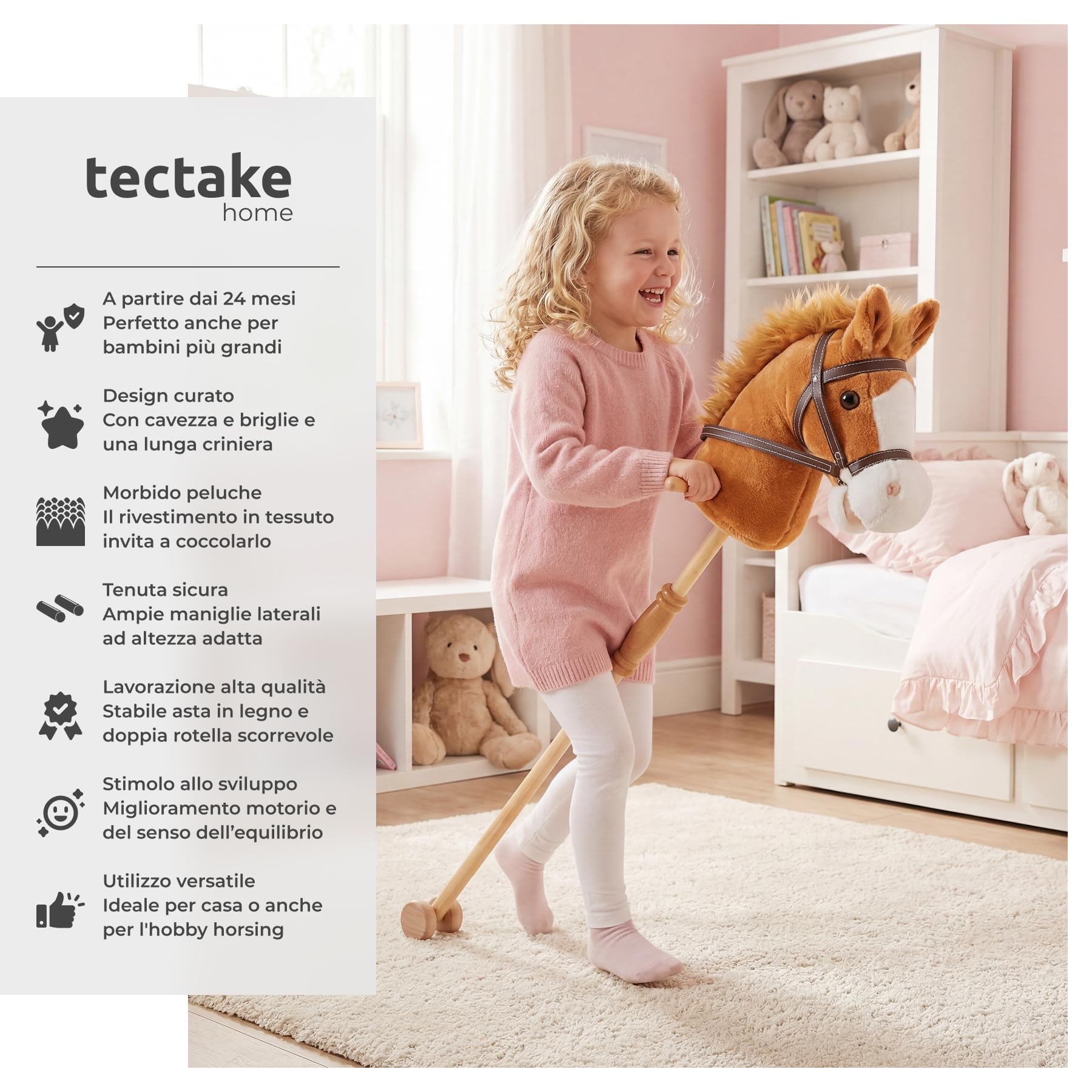 tectake® Cavallo Giocattolo con Bastone per Bimbi, Peluche Cavallo, Cavalli Giocattolo con Bastone in Legno, Doppie Rotelle, Hobby Horse, Idee Regalo Equilibrio per Bambini dai 24 mesi - Marrone