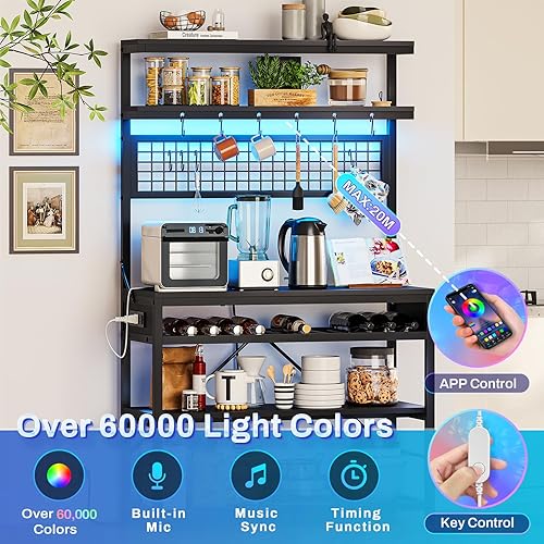 Miniatura 3 de Itaar Estante para panaderos con toma de corriente, barra de café de 6 niveles, soporte para microondas con estante para vino, luces LED y 10 Negro