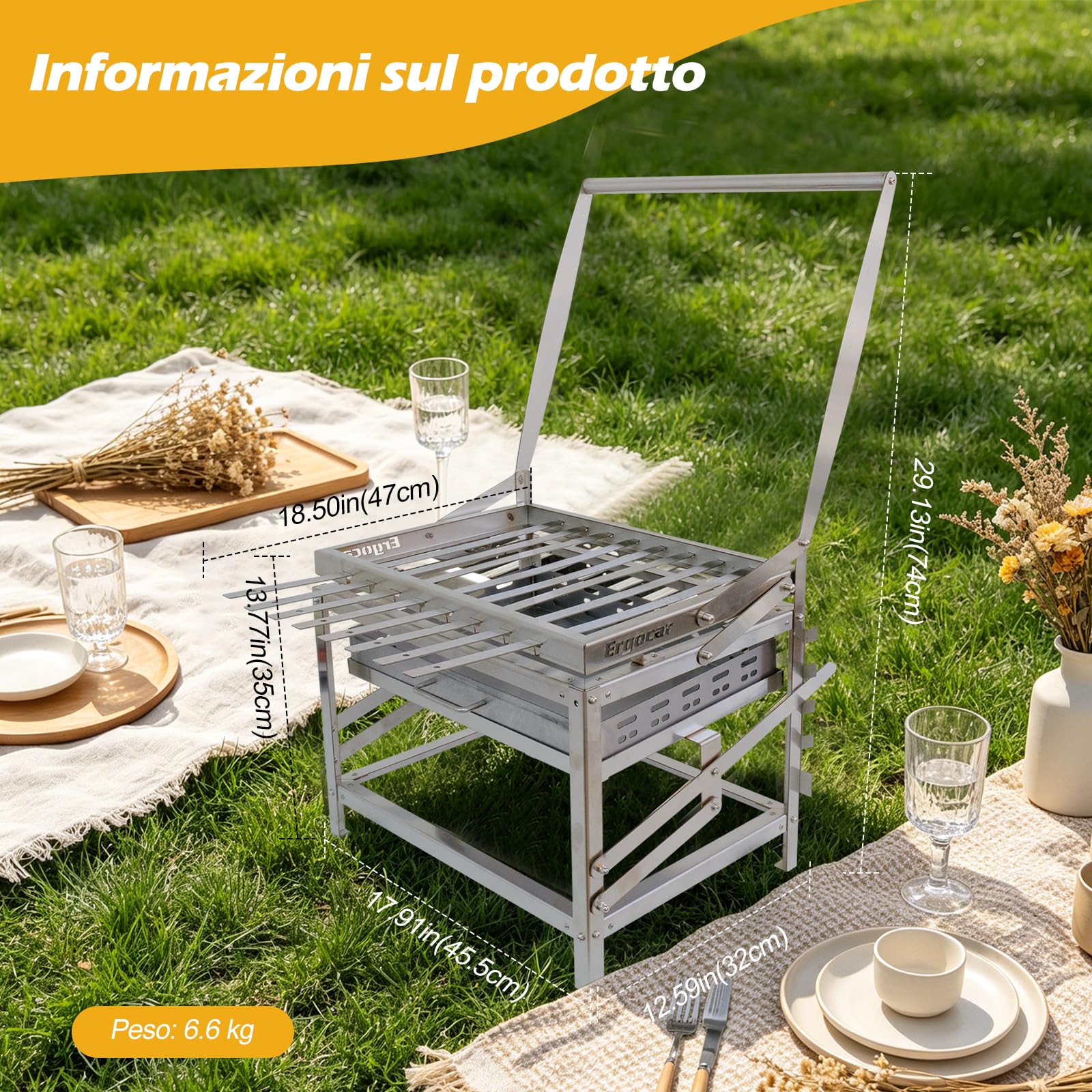 Ergocar Griglia a Carboneesterno In Acciaio Inossidabile Con Spiedini Portatile Girevole e Regolabile In Altezza 4 Ripiani Per Il Carbone Adatta Per Più Persone Ideale Per Picnic Campeggio e Grigliate