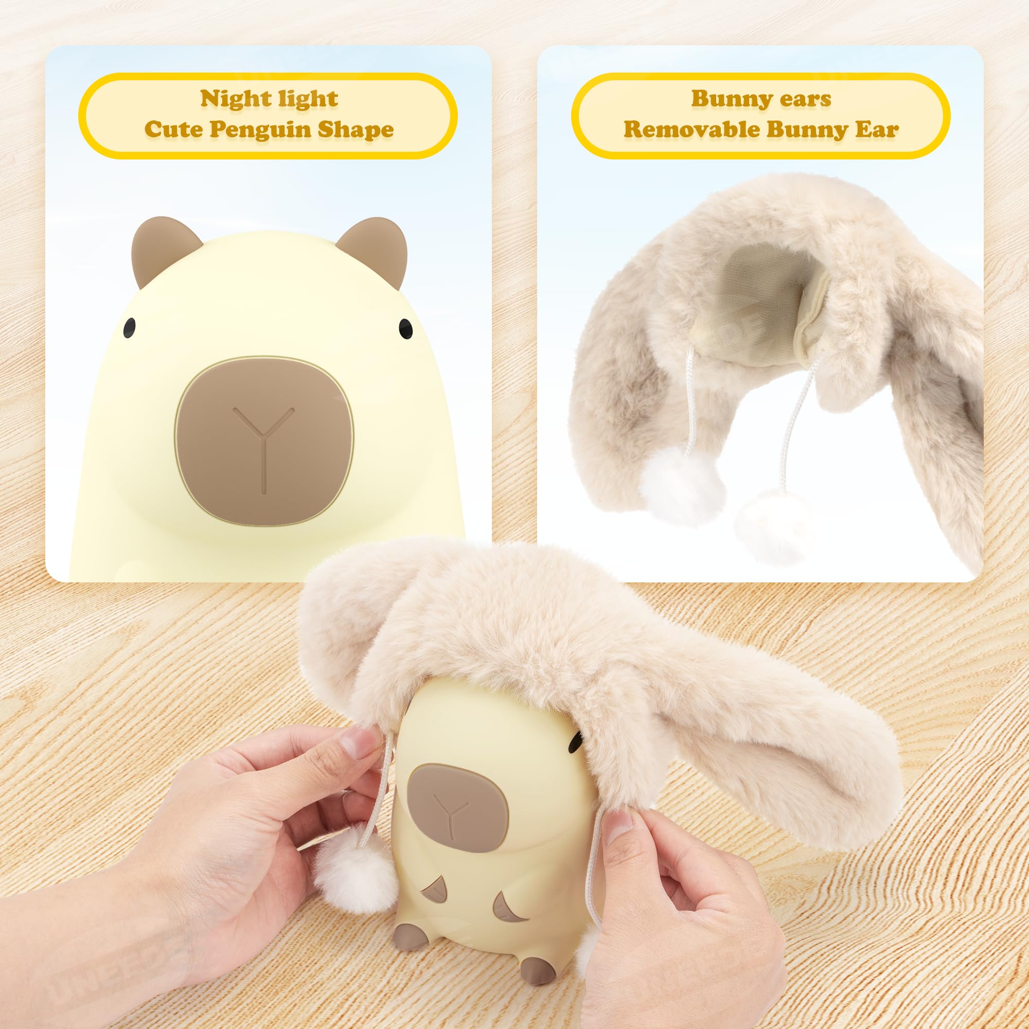 UNEEDE Capybara, luce notturna per bambini, luce notturna in silicone giallo, con orecchie di coniglio, ricaricabile touch LED, dimmerabile, regalo per Natale