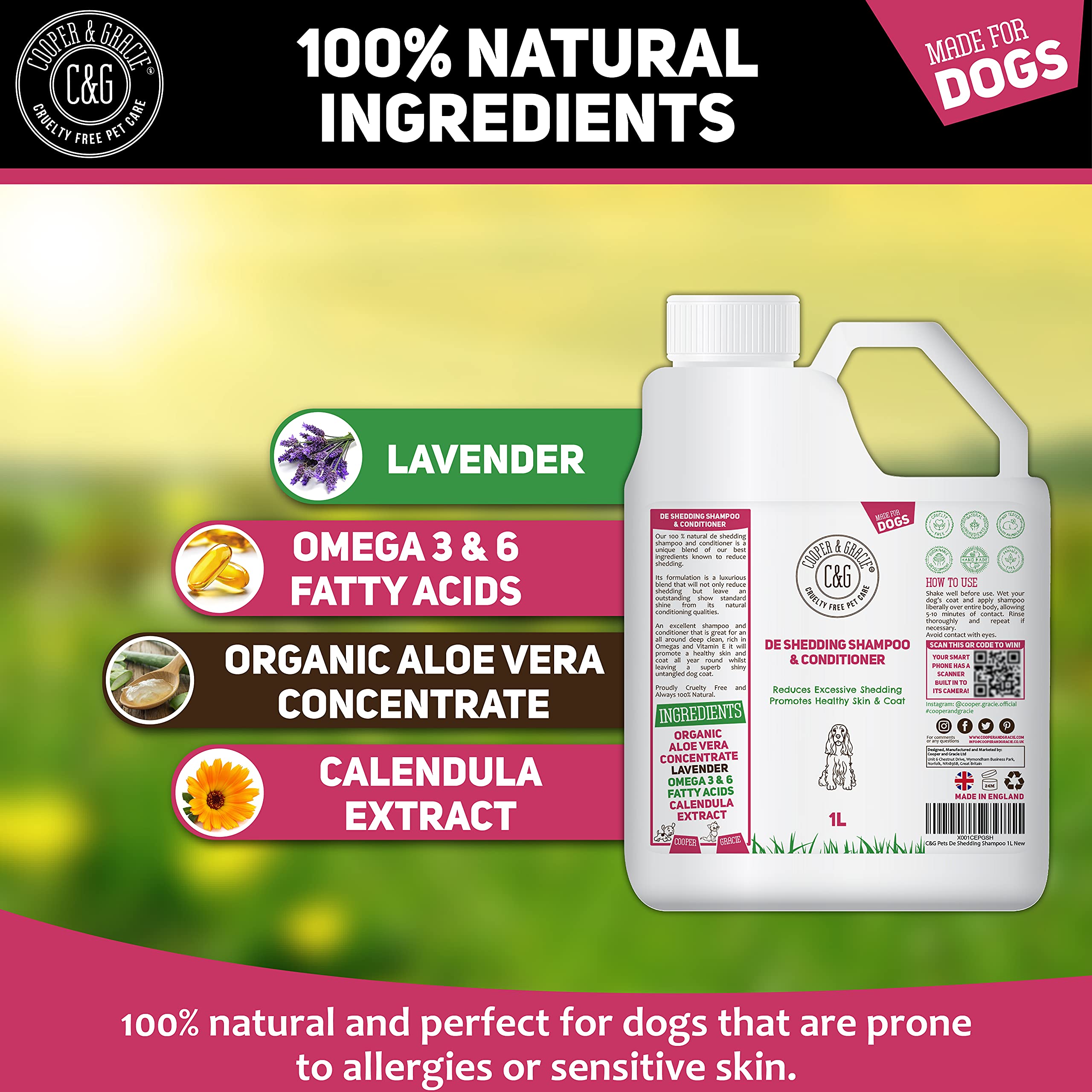 C&G Pets | De Shedding Shampoos & Conditioners für Hunde, 1 Liter, reduziert übermäßiges Ausfallen, fördert gesunde Haut und Fell, 100% natürliches Hundeshampoo und Conditioner, Standard-Glanz, Weiß