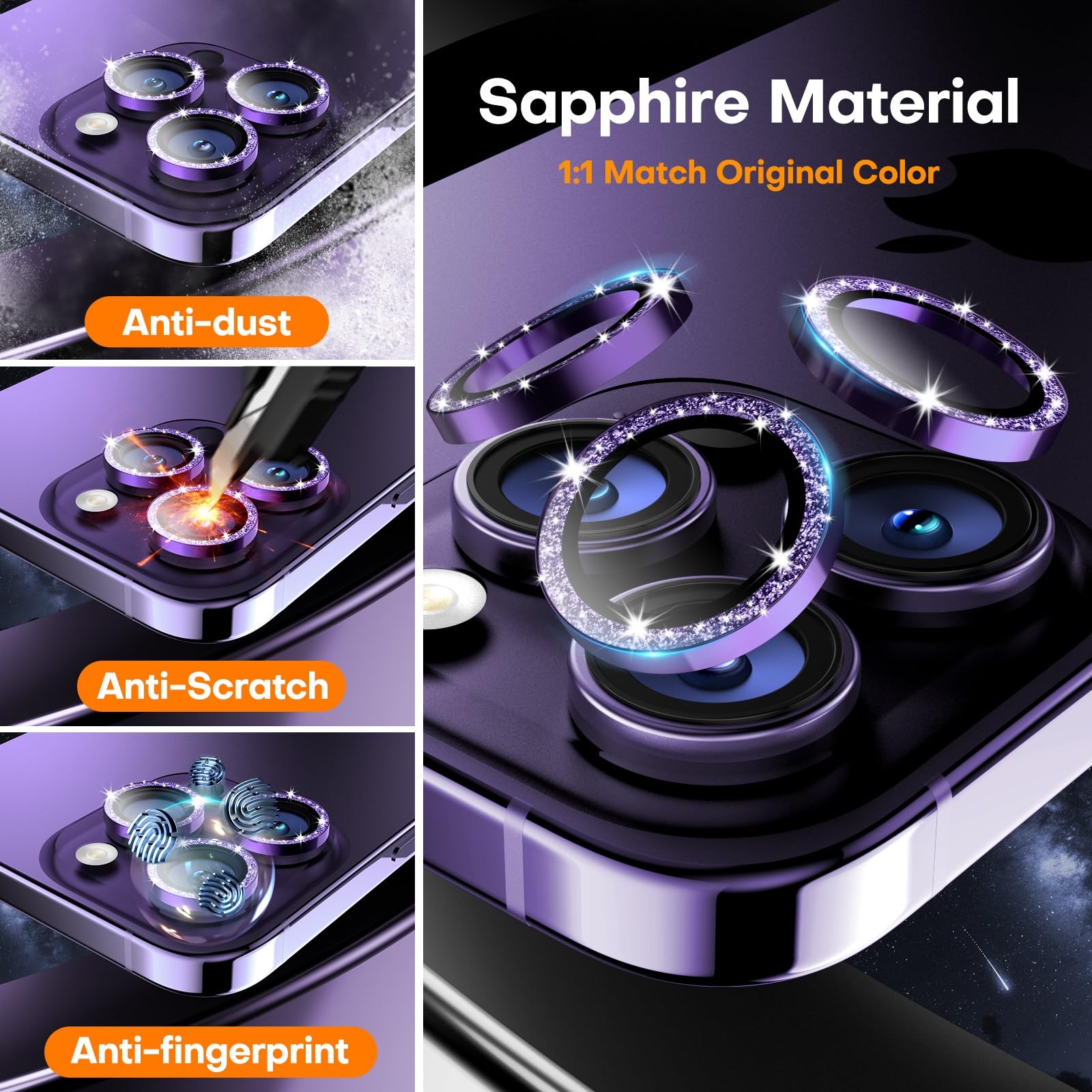 Protector de lente de cámara para iPhone 16 Pro Max/16 Pro/15 Pro Max/15 Pro/14 Pro Max/14 Pro, cristal de zafiro, pantalla individual de metal para cámara, anticaídas, compatible con fundas