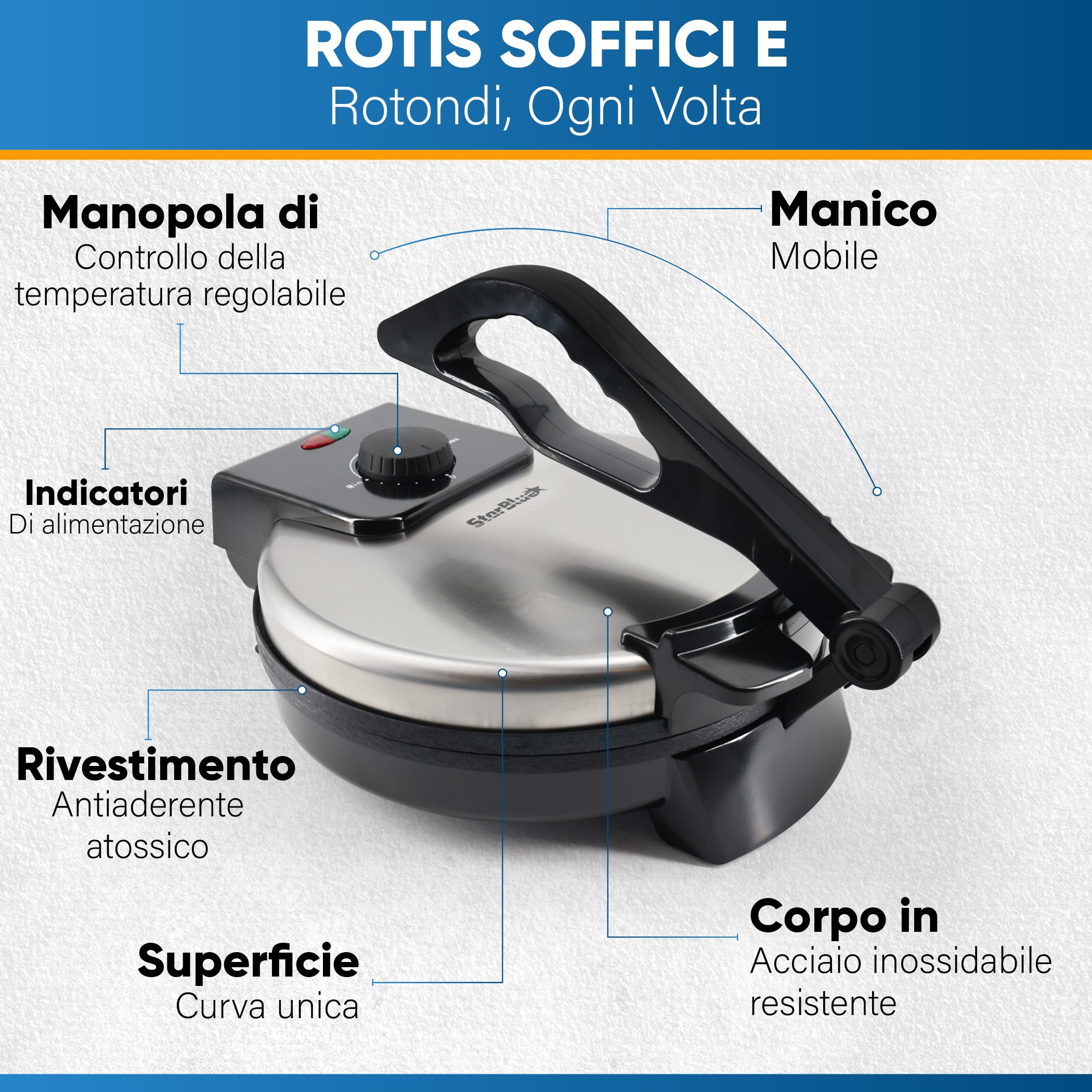 StarBlue Roti-Maker 25,4 cm con riscaldatore Roti gratuito e manico rimovibile - Indian Chapati Tortilla, Roti AC220-240 V 50/60 Hz 1200 W, spina europea