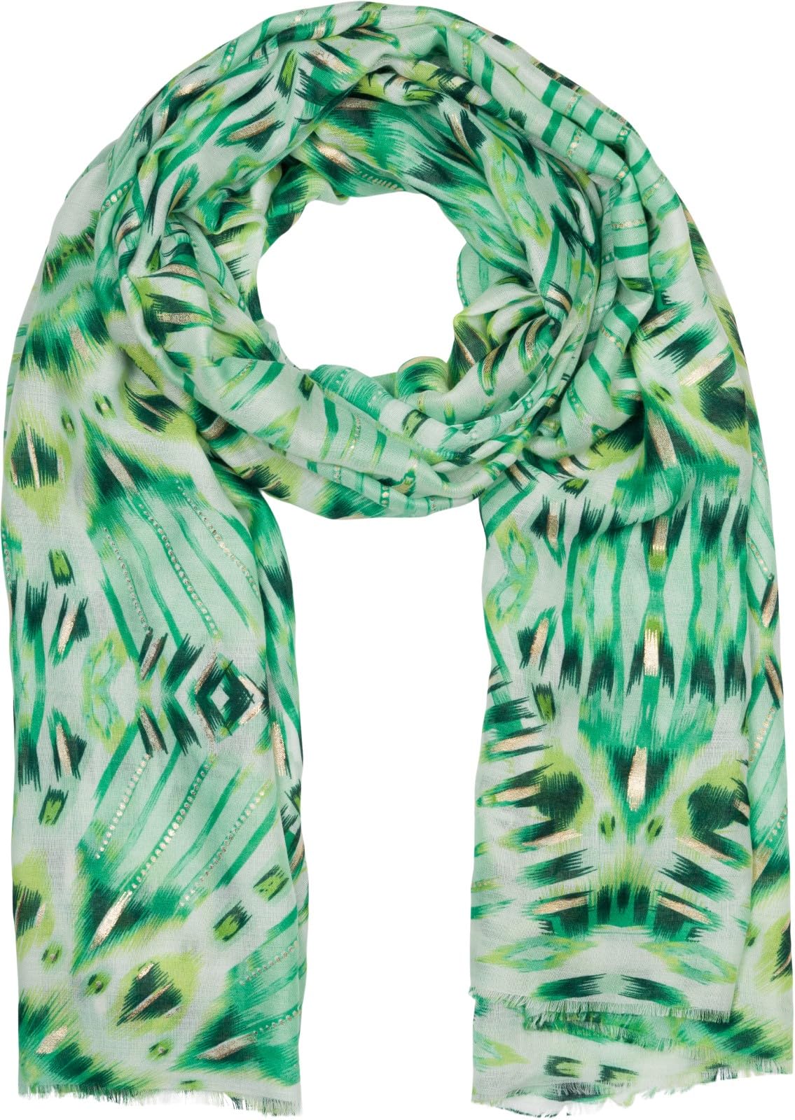 Stylebreaker Women's Green-Light Green Scarf Batik Shibori Pattern With Metallic Stripes, Lightweight Ethnic Cloth With Short Fringes 01016228, Colour: