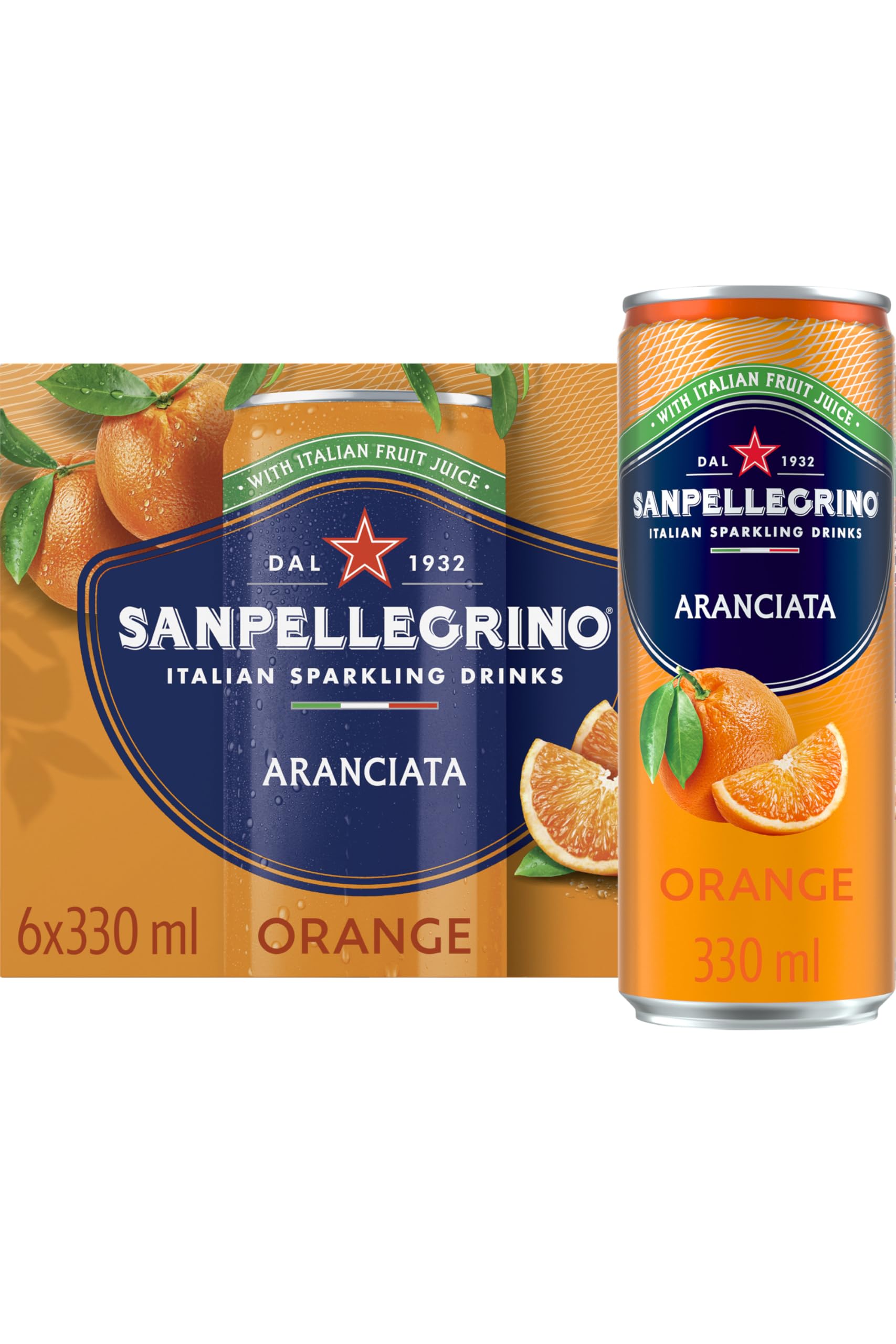 San Pellegrino Italian Sparkling Drinks Tastefully Light Sparkling Orange Canned Soft Drink 6 x 330ml, 64k Cals per Can