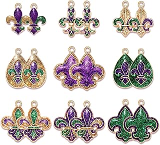 NVENF 18PCS Mardi Gras Charms for Jewelry Making, Crown Jester Mask Fleur-de-lis Pendant Charms for DIY Bracelet Necklace Earrings Crafts Carnival Mardi Gras Accessory (18PCS Flower)