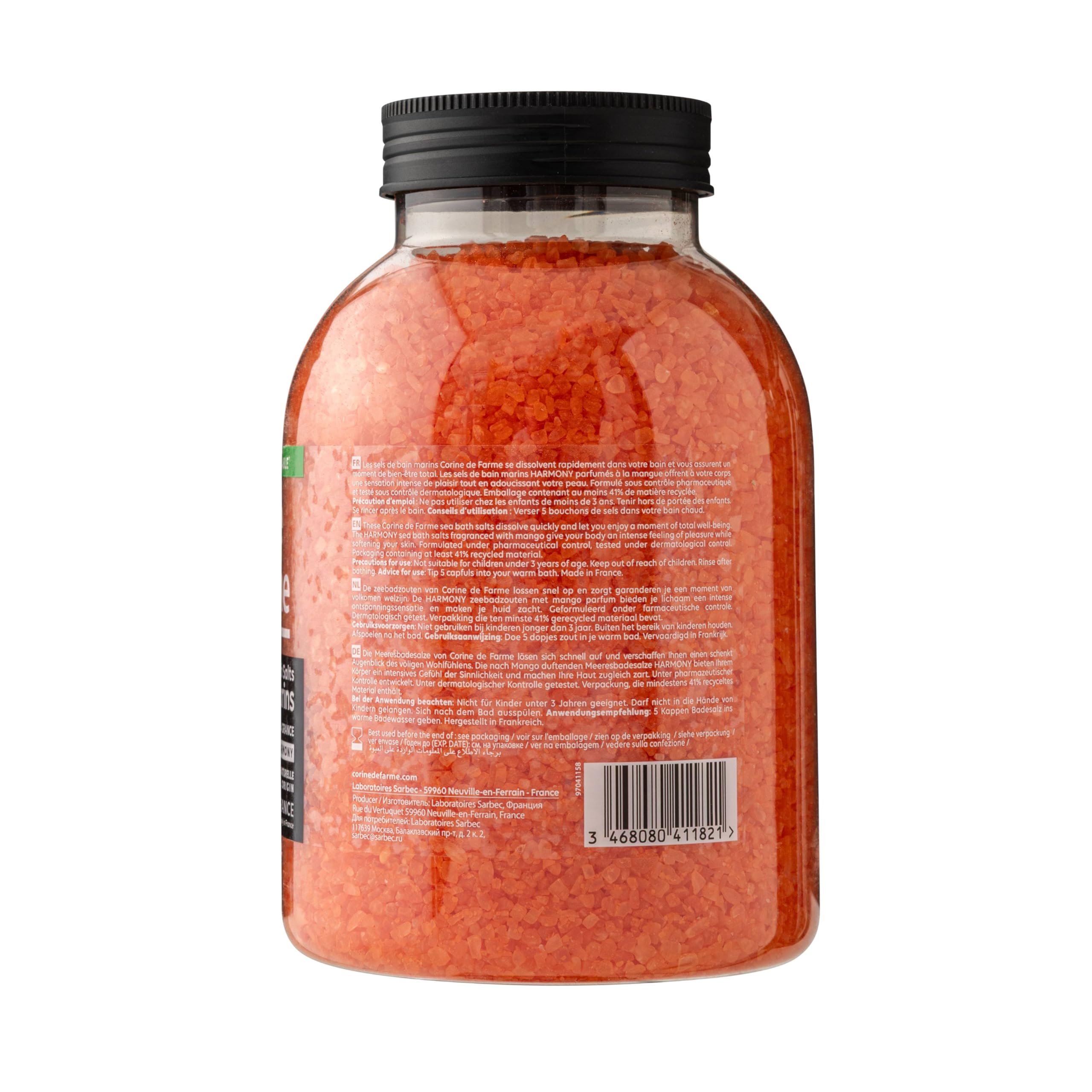 Corine de Farme Meer-Badesalz Harmony Mango – Entspannung und Wohlbefinden – natürliche Pflege für weiche Haut – exotischer Duft – 100% natürlicher Ursprung (Packung mit 4)
