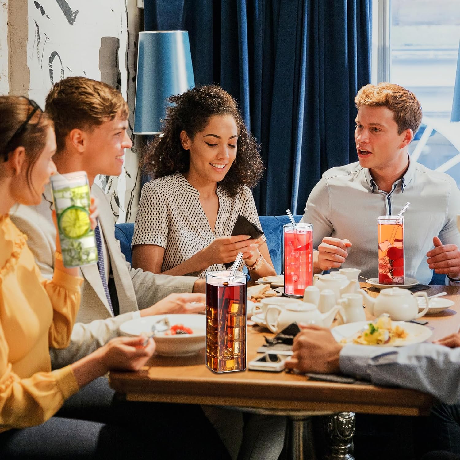 Inbagi 6 Pcs Square Drinking Glasses with Glass Straws 15.6 oz Highball Cups Clear Kitchen Glassware Elegant Bar Bottles for Water, Wine, Juice, Cocktail, Coffee and Mixed Drinks