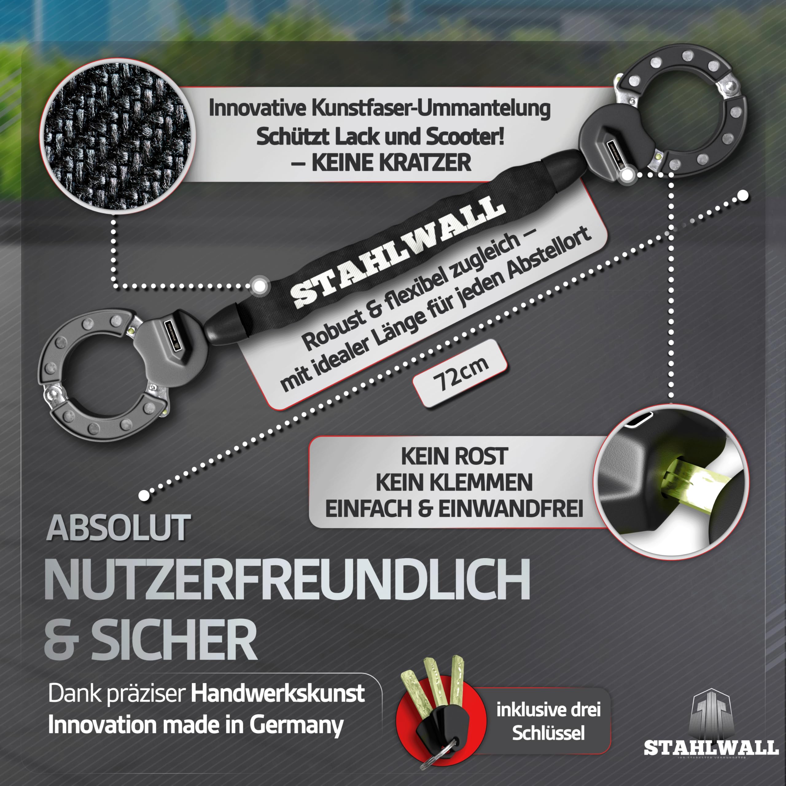 E Scooter Schloss - maximale Sicherheit, feuergehärteter Stahl, Handschellenschloss für E Roller & Fahrrad