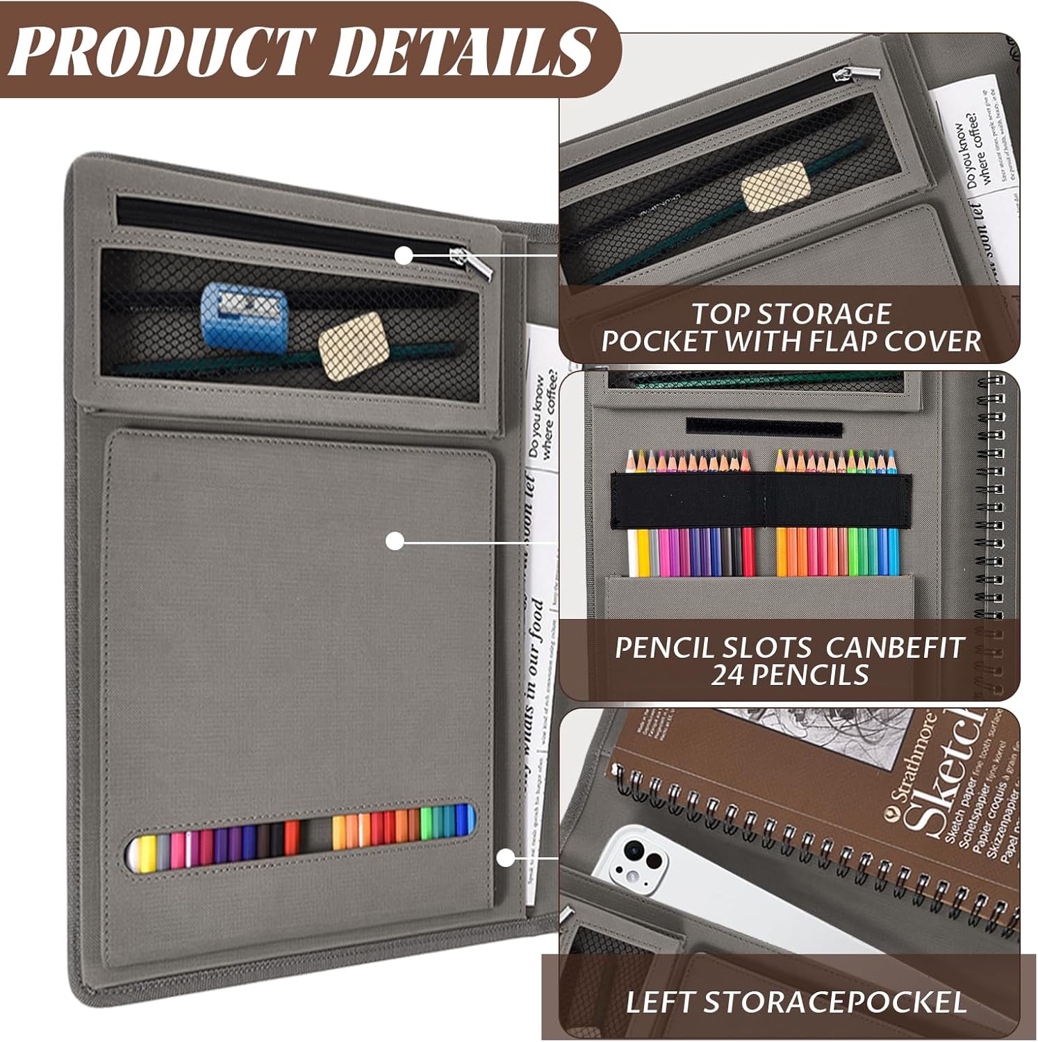 Leather Sketchbook Cover for 9x12 - Travel Portfolio Case with Storage, Holds Large Sketch Book & Spiral Pad | All-in-One Artist Organizer with Pencil Holder (Gray