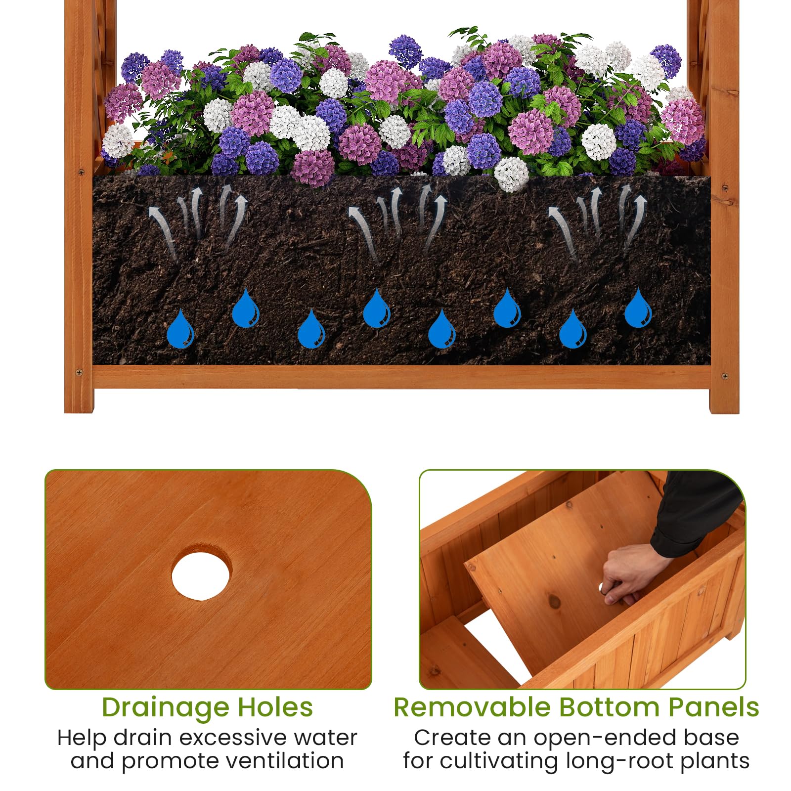 HOMASIS Fioriera con Grigliato a Forma di Cupola, Vaso per Piante da Esterno in Legno di Abete, Orto Rialzato da Giardino per Piante Rampicanti, Cesta Sospesa, 77 x 31 x 22 cm, Arancione