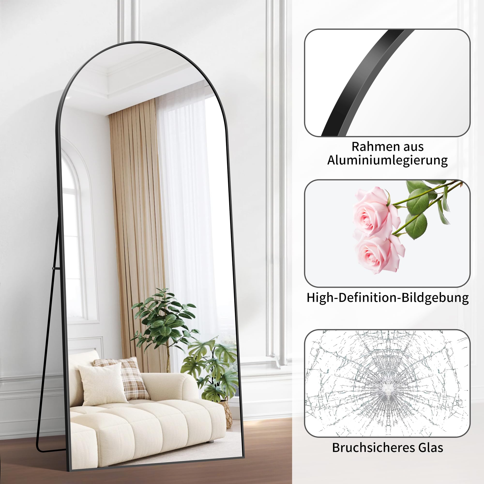 BONEWEI Ganzkörperspiegel 179x65cm, Bogen Standspiegel Ganzkörperspiegel mit Schwarzer Aluminiumrahmen, Groß Gewölbter Wandspiegel zum Stehen, Anlehnen oder Hängen für Wohnzimmer Schlafzimmer Flur