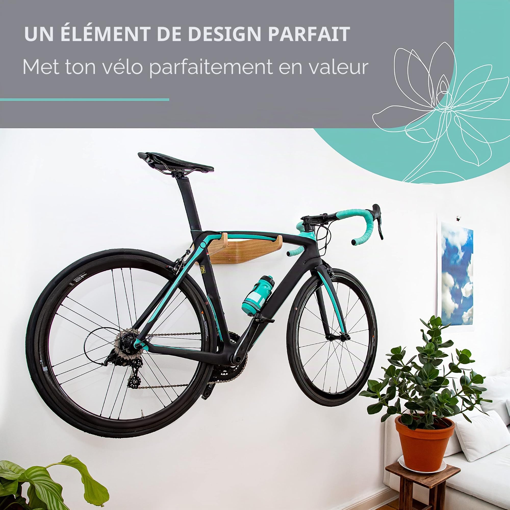 Support mural pour vélo en bois - FlyBike M Chêne - Support mural de vélo design pour appartement - Pour vélo de course, vélo de gravel, vélo de montagne, fixie, vélo singlespeed