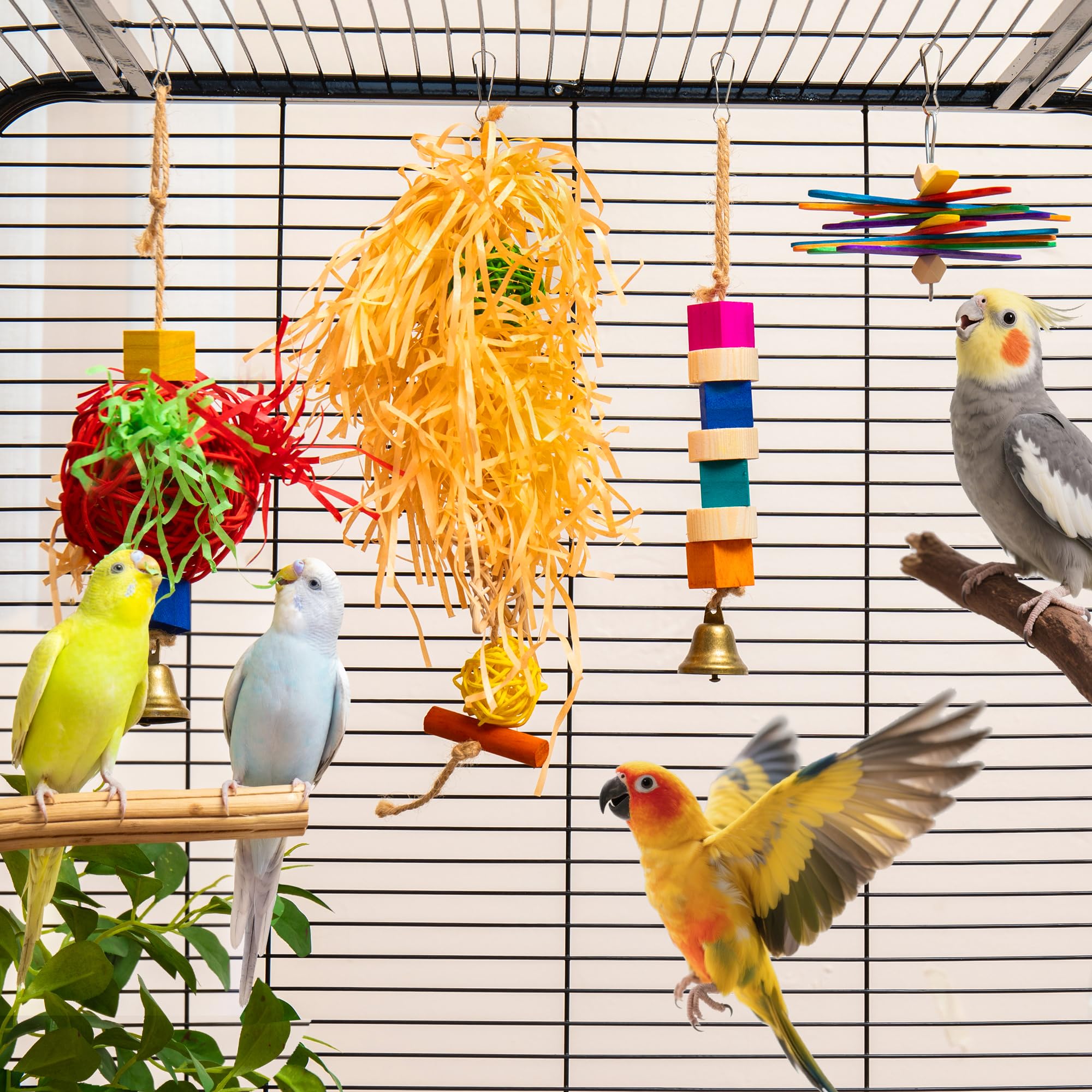 4-in-1 Hanging Bird Toy Set - Raffia Chew Balls, Wood Blocks & Bells for Foraging - Small Parrot Cage Toys for Conures, Lovebirds Under 150g (30-Day Play Guarantee) - image 5