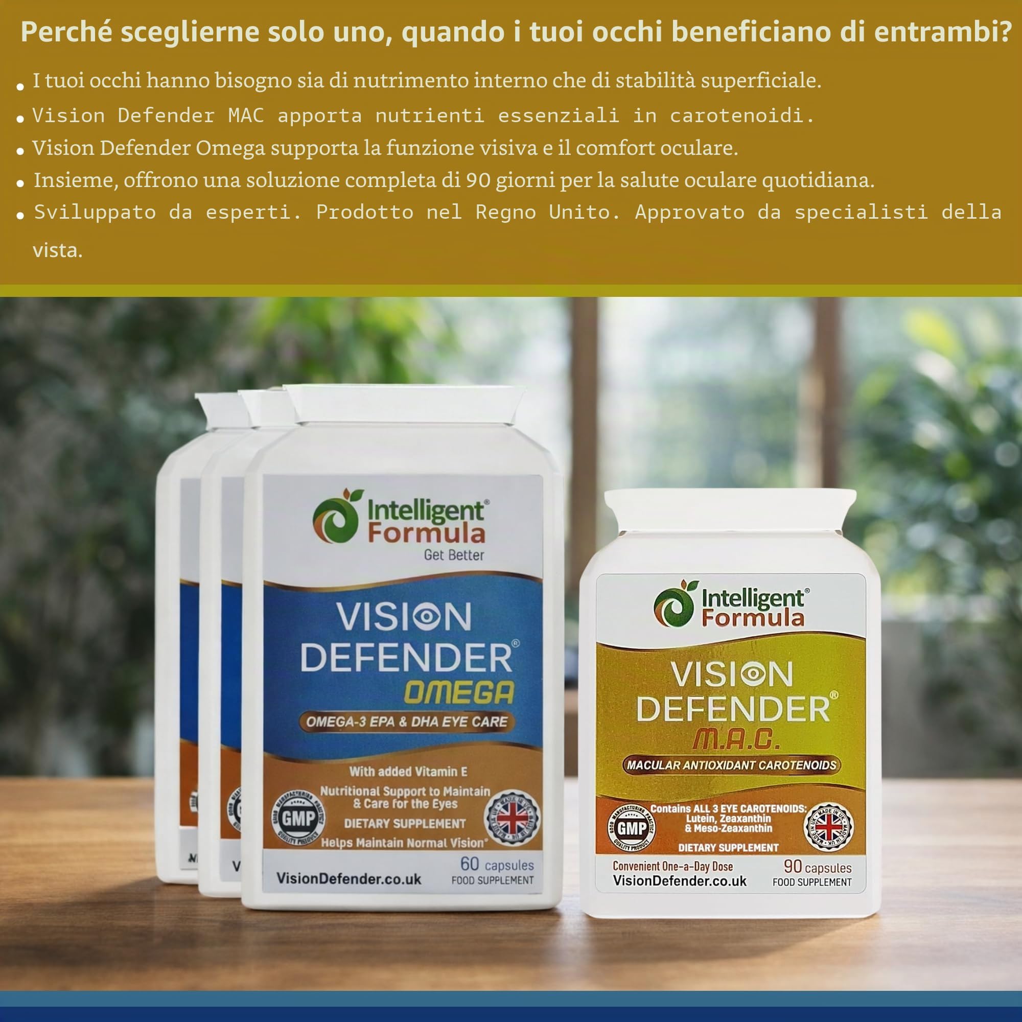 Vision Defender MAC & Omega Bundle Cura Occhi Quotidiana - Luteina Zeaxantina Meso-Zeaxantina Carotenoidi - Omega-3 Olio Pesce (EPA, DHA) - Vitamine Occhi - 90 Giorni - 270 Capsule - UK