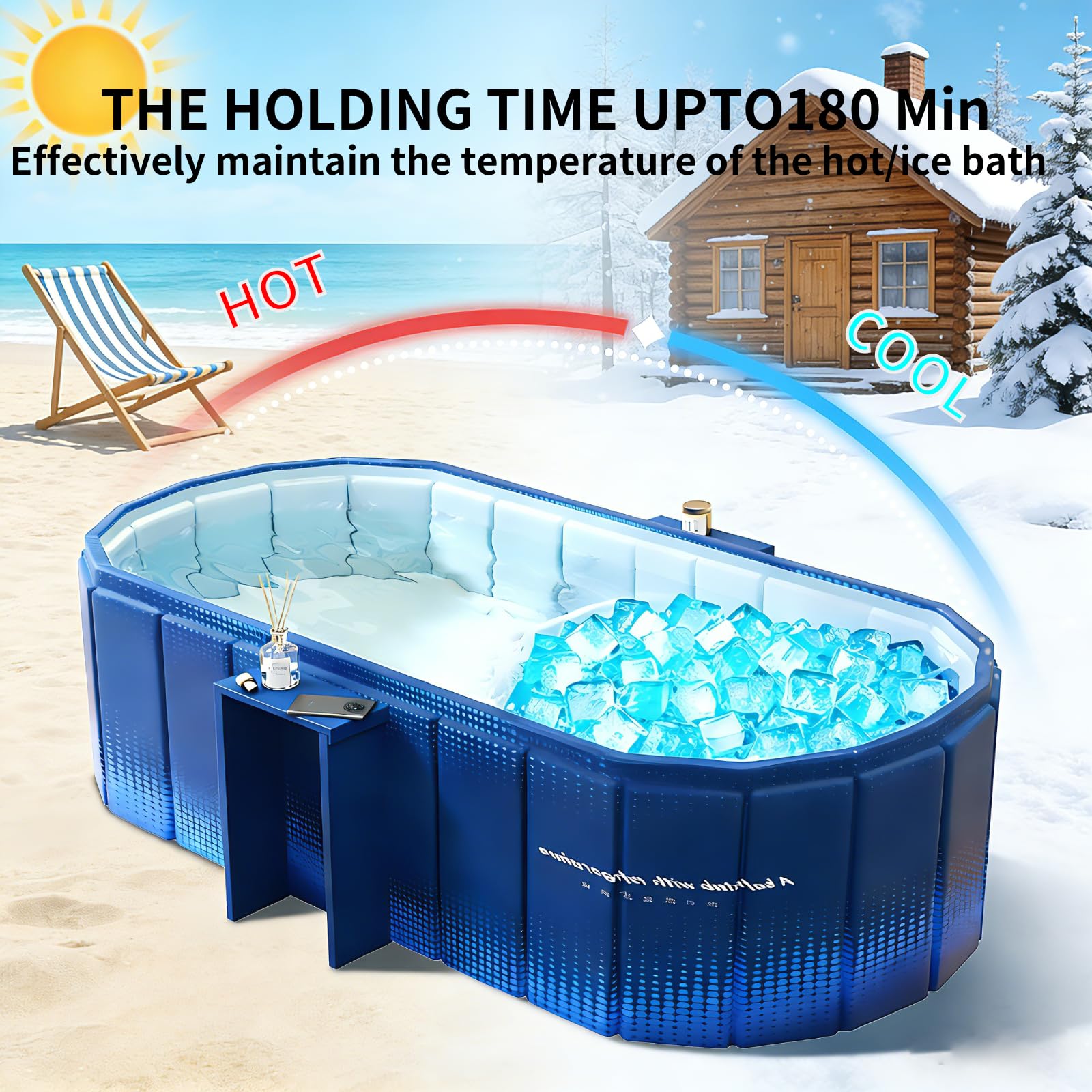 XUDREZ Bañera portátil para adultos, plegable, de pie, con estante de almacenamiento, bañeras de hielo caliente independientes, spa japonés, sauna, plegable, azul, 1,2 m