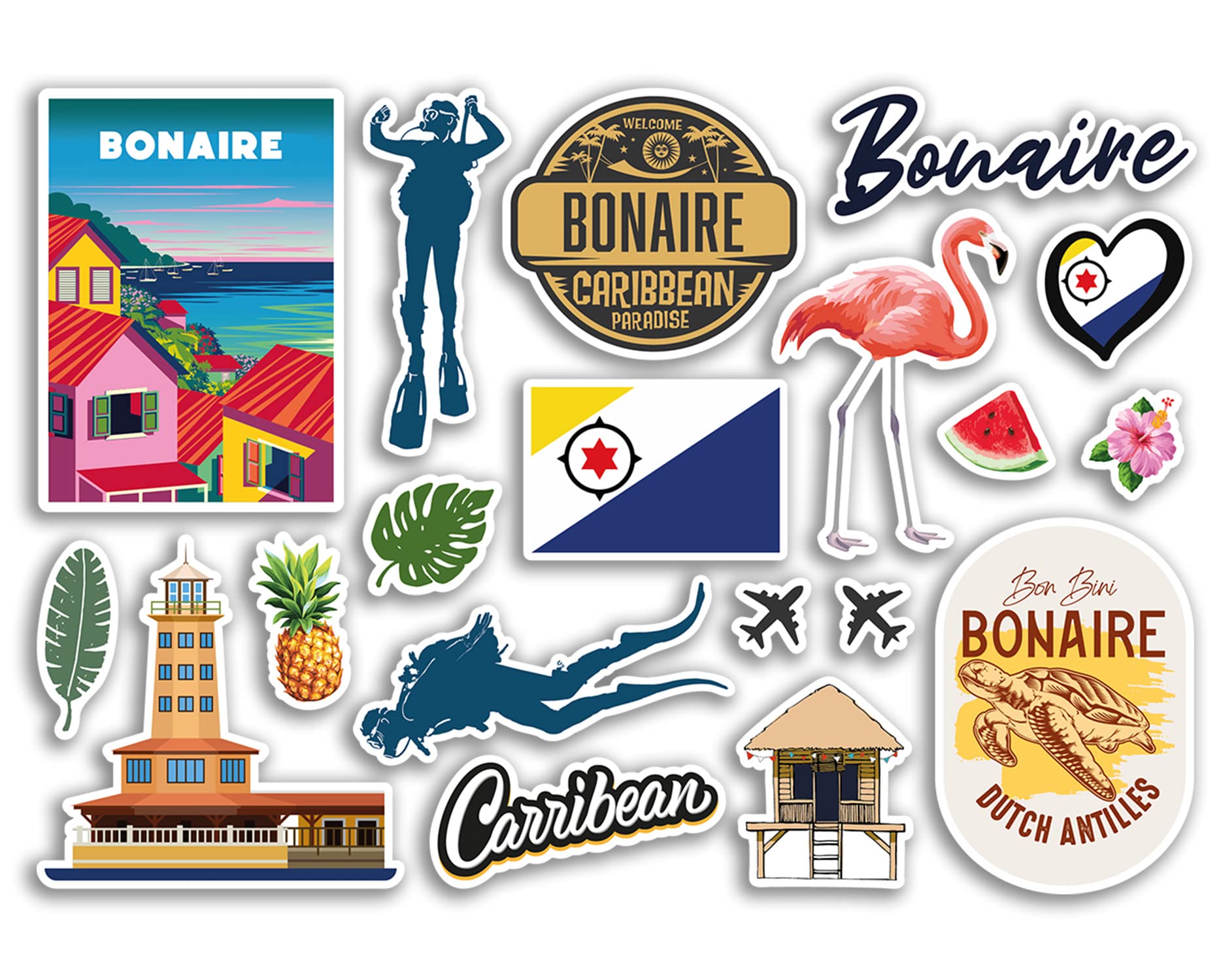 Dv Design Multi A5 Sticker Sheet Bonaire Landmarks Vinyl Stickers - Caribbean Beach Scuba Diving Summer Tropical Coast Flamingo Airport Stamps Skyline Flag Map Travel Holiday Scrapbooking Luggage #79210