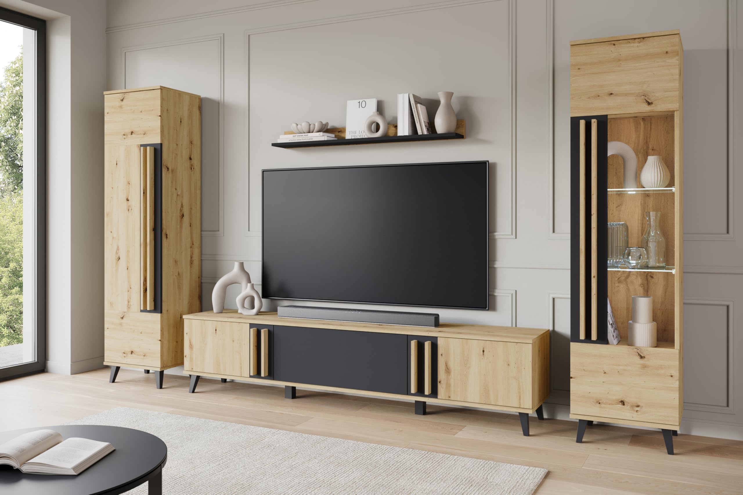 Conjunto Muebles de Salon Modernos Helsinki II - Juego de Mueble TV Salon, Dos Armarios Colgantes y un Estante Colgante - Comedor Completo sin LED