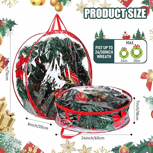 Miniatura 9 de Contenedor de almacenamiento de corona de Navidad de 30 pulgadas y 24 pulgadas, paquete de 4 bolsas de almacenamiento transparentes para coronas de